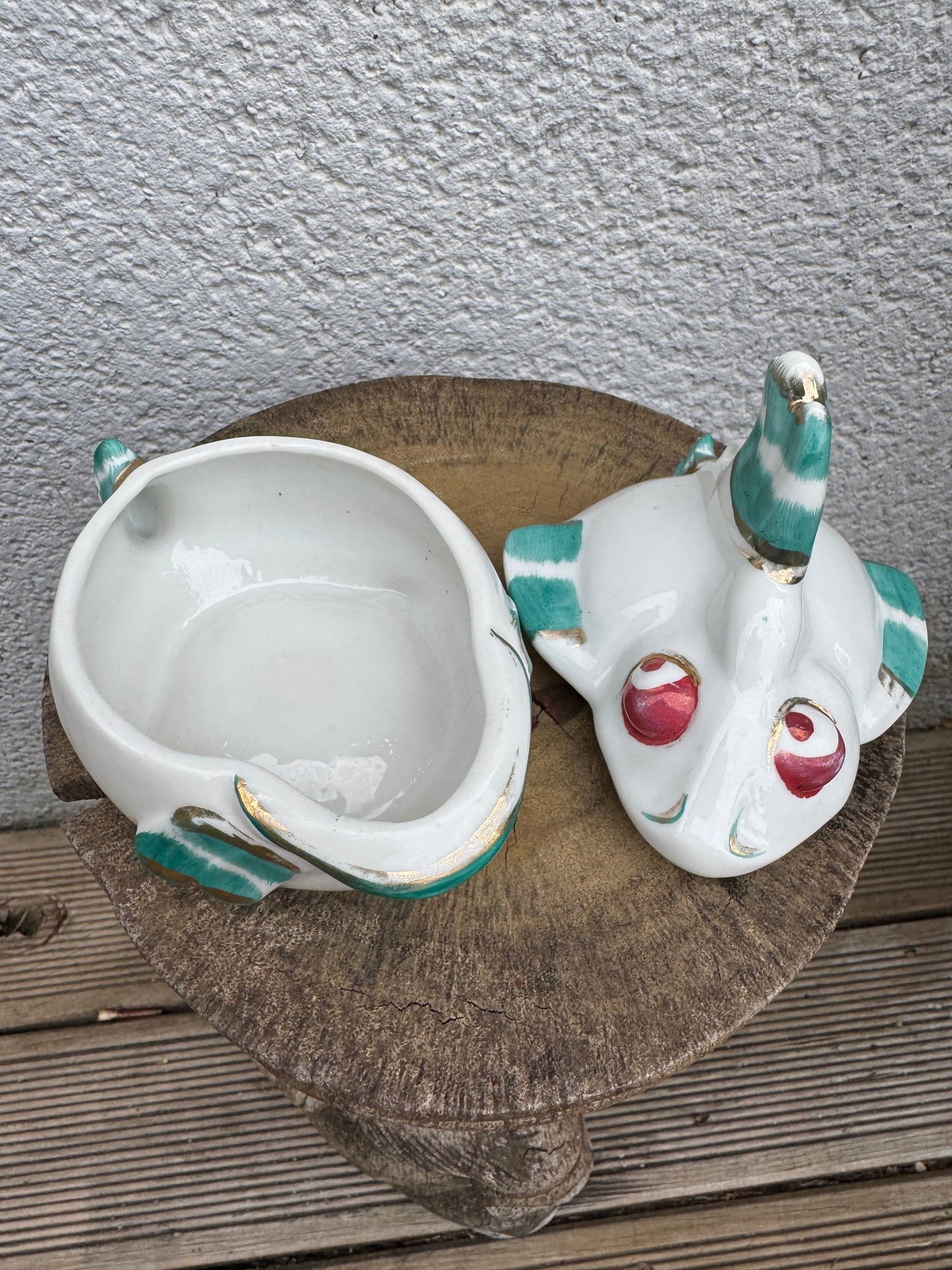 Rare French Mid-Century Fish-Shaped Pot – Hand-Painted Whimsical Ceramic Jar with Lid – 1950s Barbotine – 14 cm