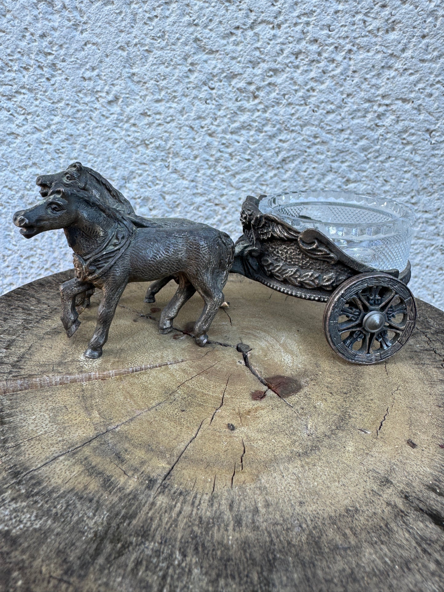 Antique Horse Drawn Chariot Salt Cellar – Cast Metal & Glass Dish