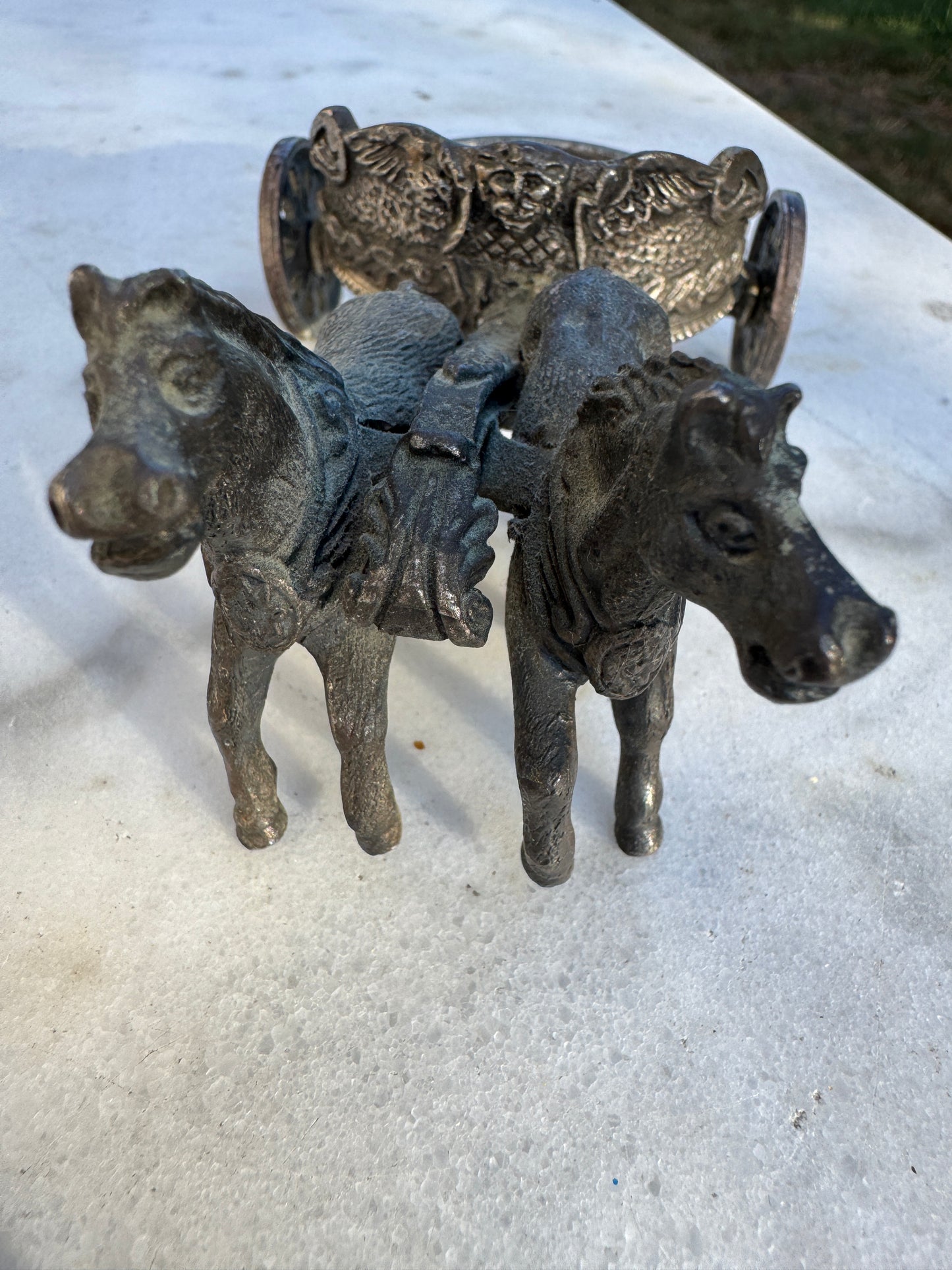 Antique Horse Drawn Chariot Salt Cellar – Cast Metal & Glass Dish