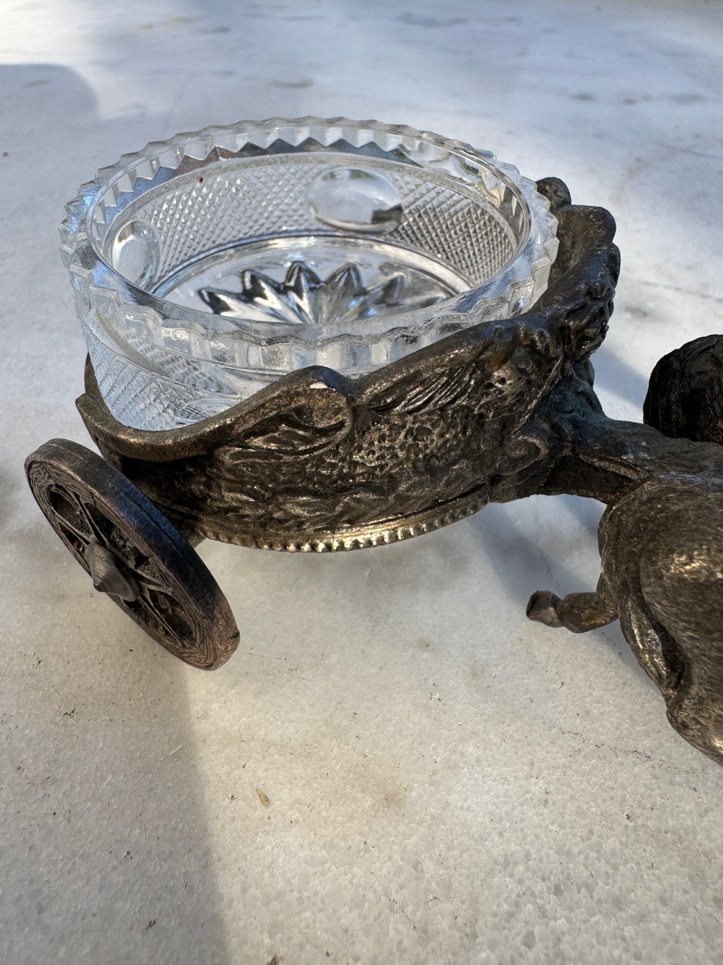 Antique Horse Drawn Chariot Salt Cellar – Cast Metal & Glass Dish