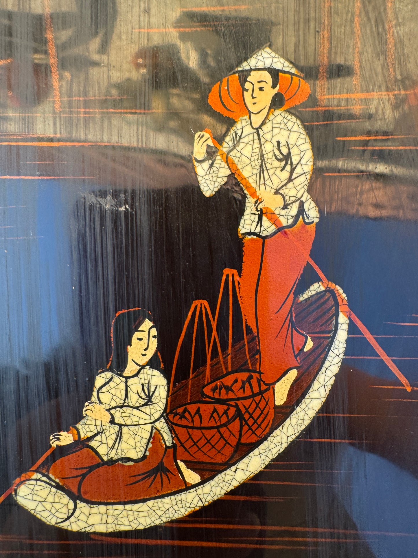 Vintage Vietnamese Lacquerware Folding Panel – Hand-Painted Double-Sided Screen