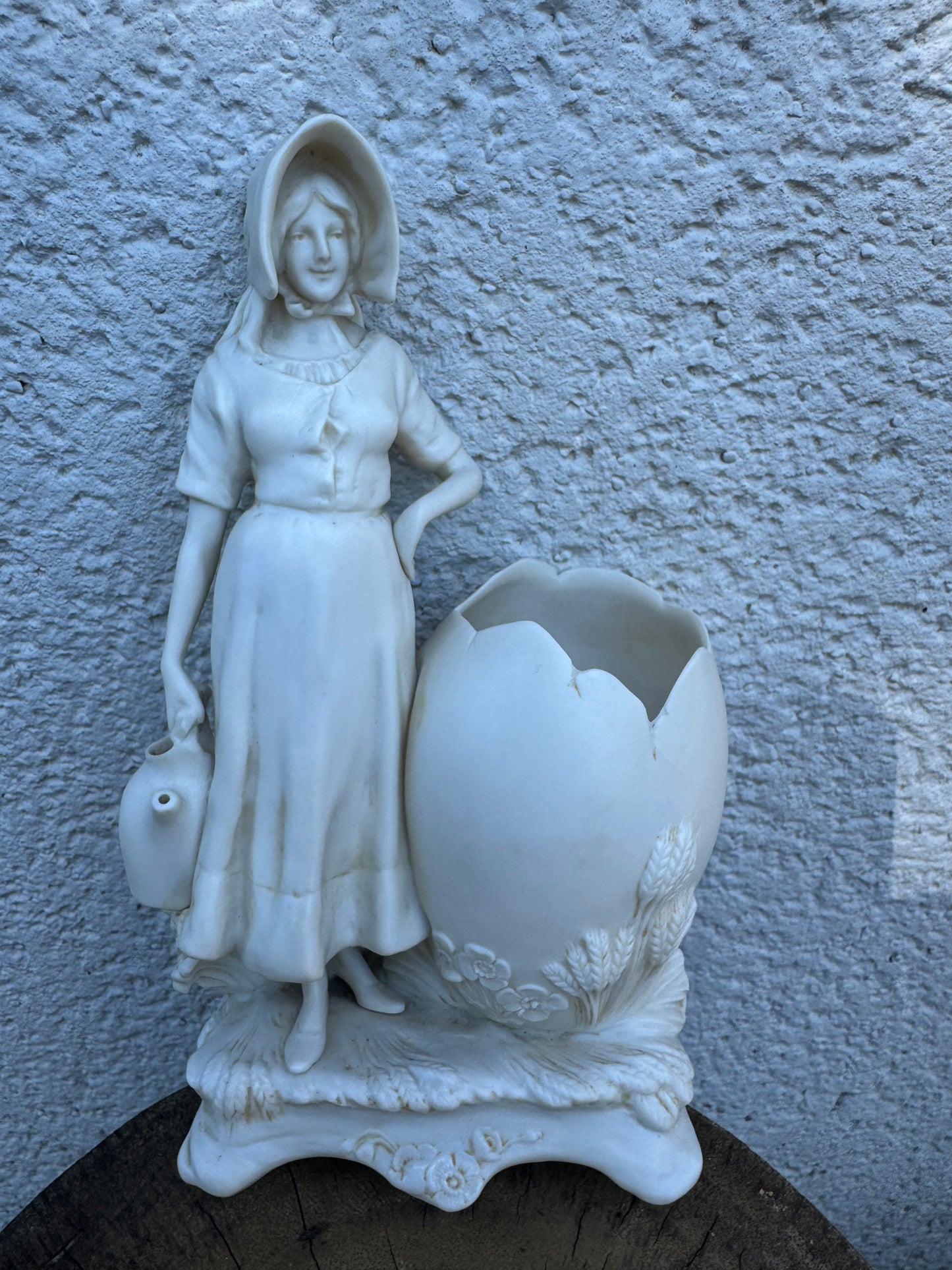 Antique Bisque Porcelain Figurine - Girl with Watering Can and Egg Vase