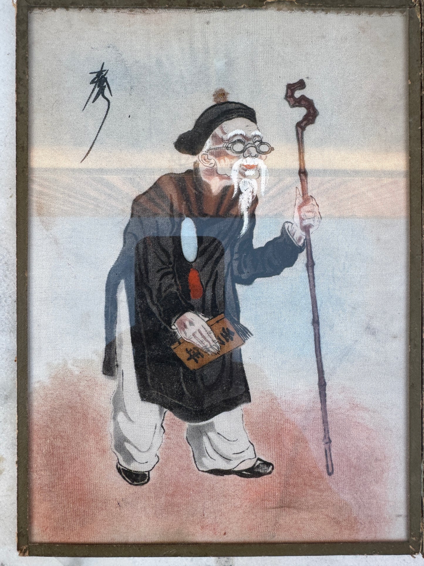 Pair of Antique Chinese Paintings on Fabric – Elderly Scholars