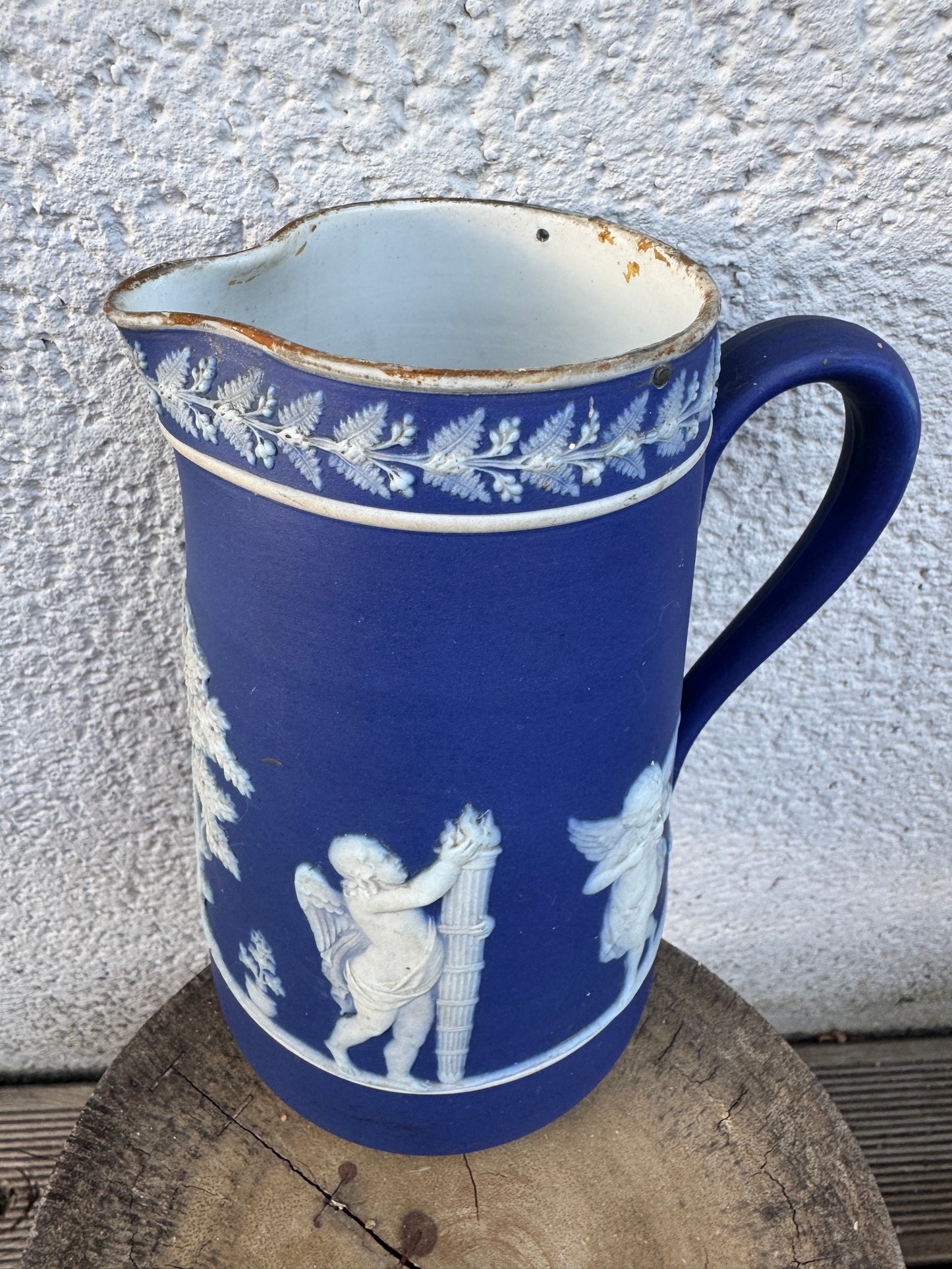 Antique Blue Jasperware Pitcher with Cherubs – 18 cm