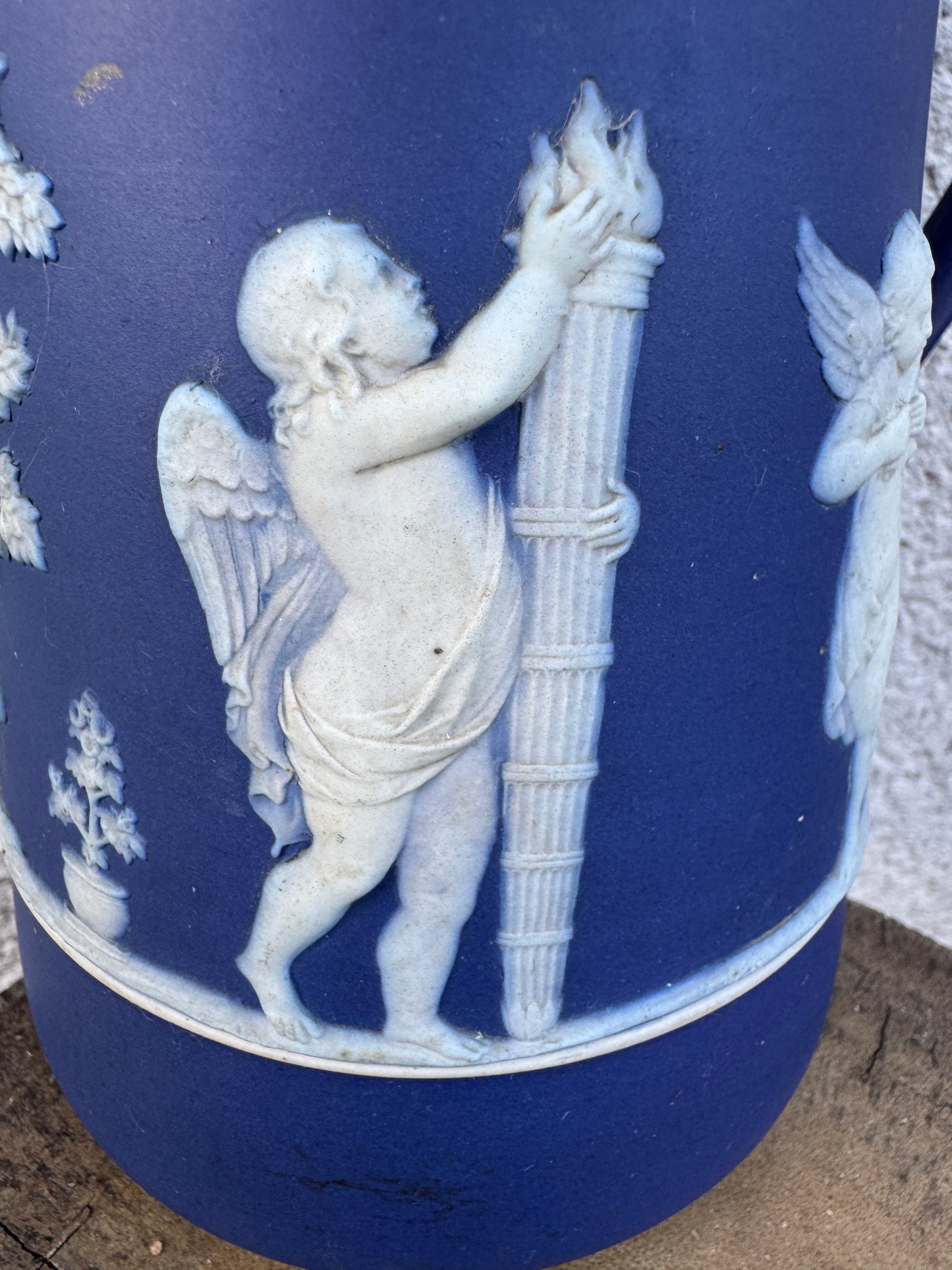 Antique Blue Jasperware Pitcher with Cherubs – 18 cm