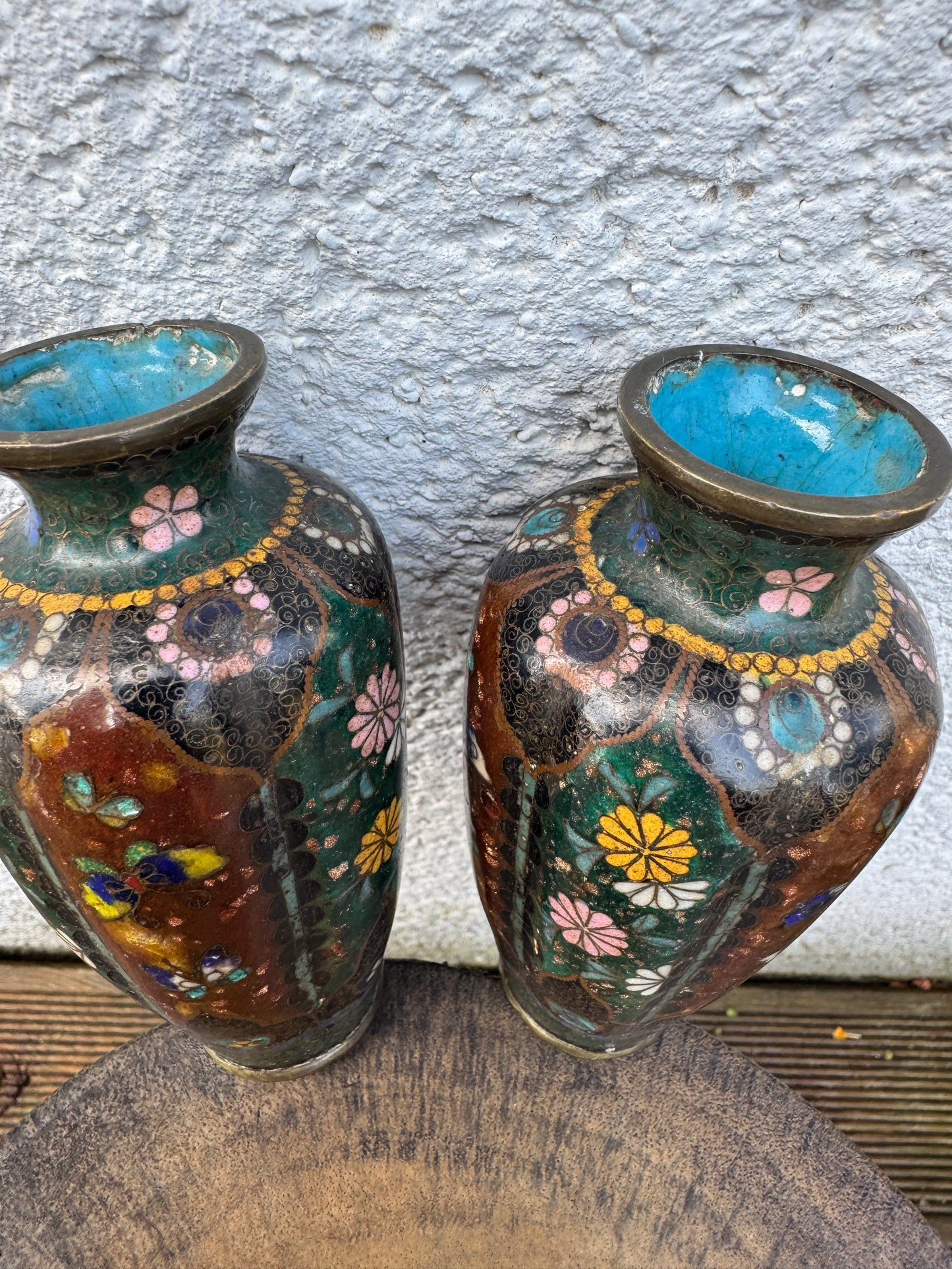 Antique Japanese Cloisonné Vases – Meiji Period – Butterfly & Floral Design – 12 cm – Pair