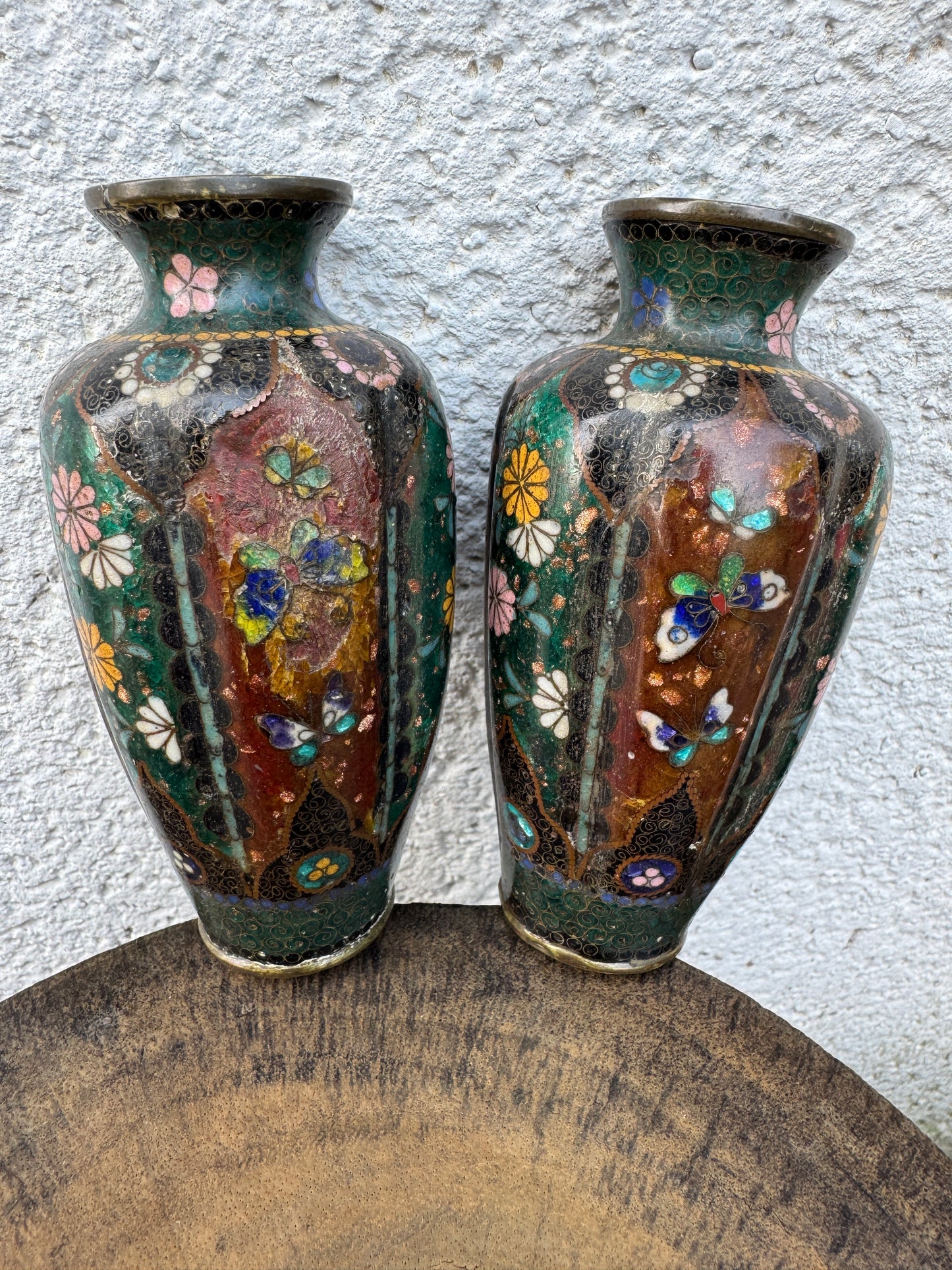 Antique Japanese Cloisonné Vases – Meiji Period – Butterfly & Floral Design – 12 cm – Pair