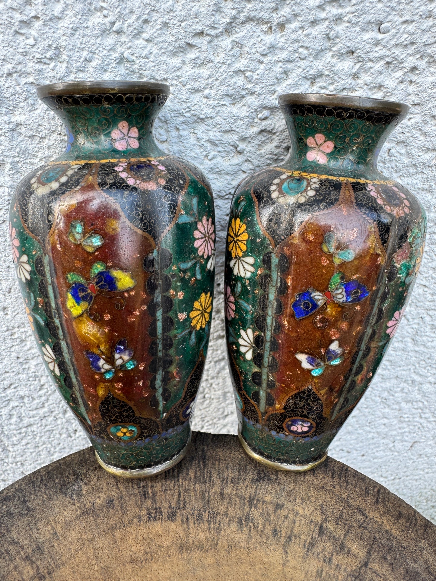 Antique Japanese Cloisonné Vases – Meiji Period – Butterfly & Floral Design – 12 cm – Pair