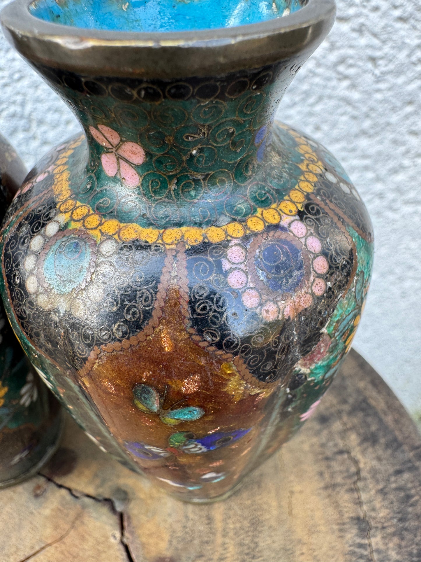 Antique Japanese Cloisonné Vases – Meiji Period – Butterfly & Floral Design – 12 cm – Pair