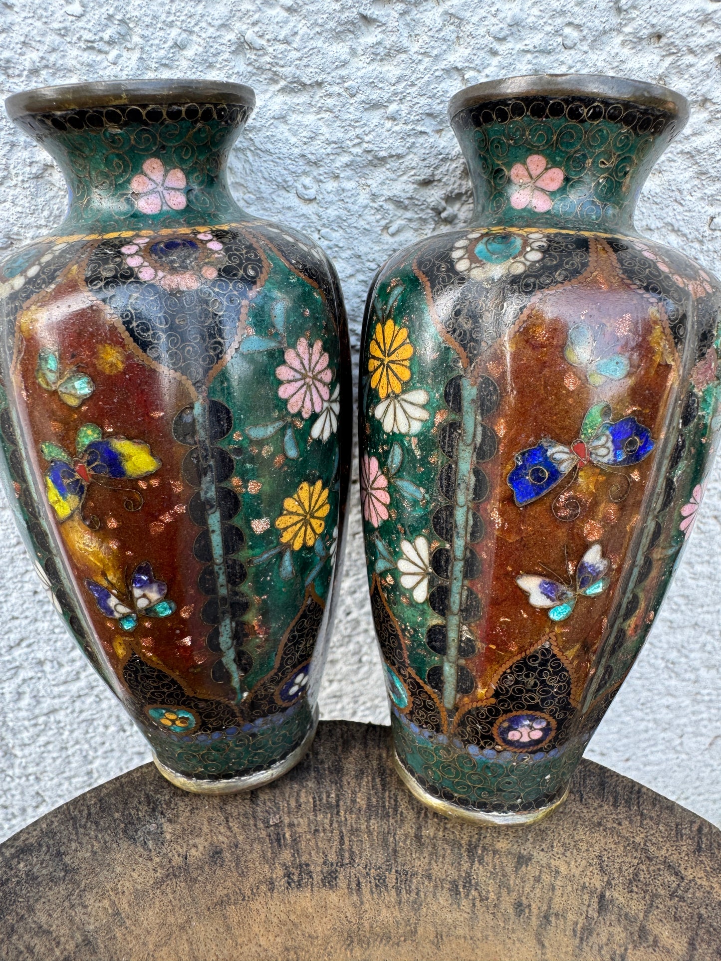 Antique Japanese Cloisonné Vases – Meiji Period – Butterfly & Floral Design – 12 cm – Pair