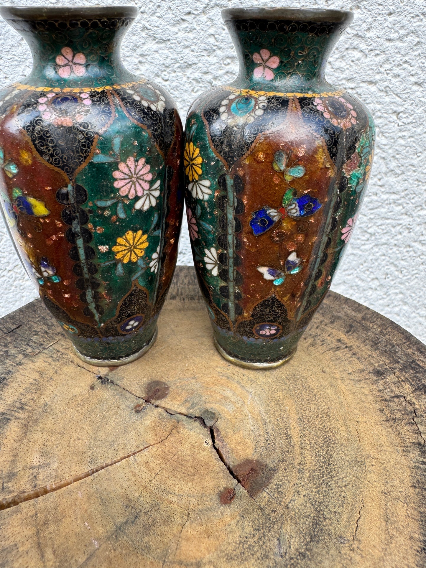 Antique Japanese Cloisonné Vases – Meiji Period – Butterfly & Floral Design – 12 cm – Pair