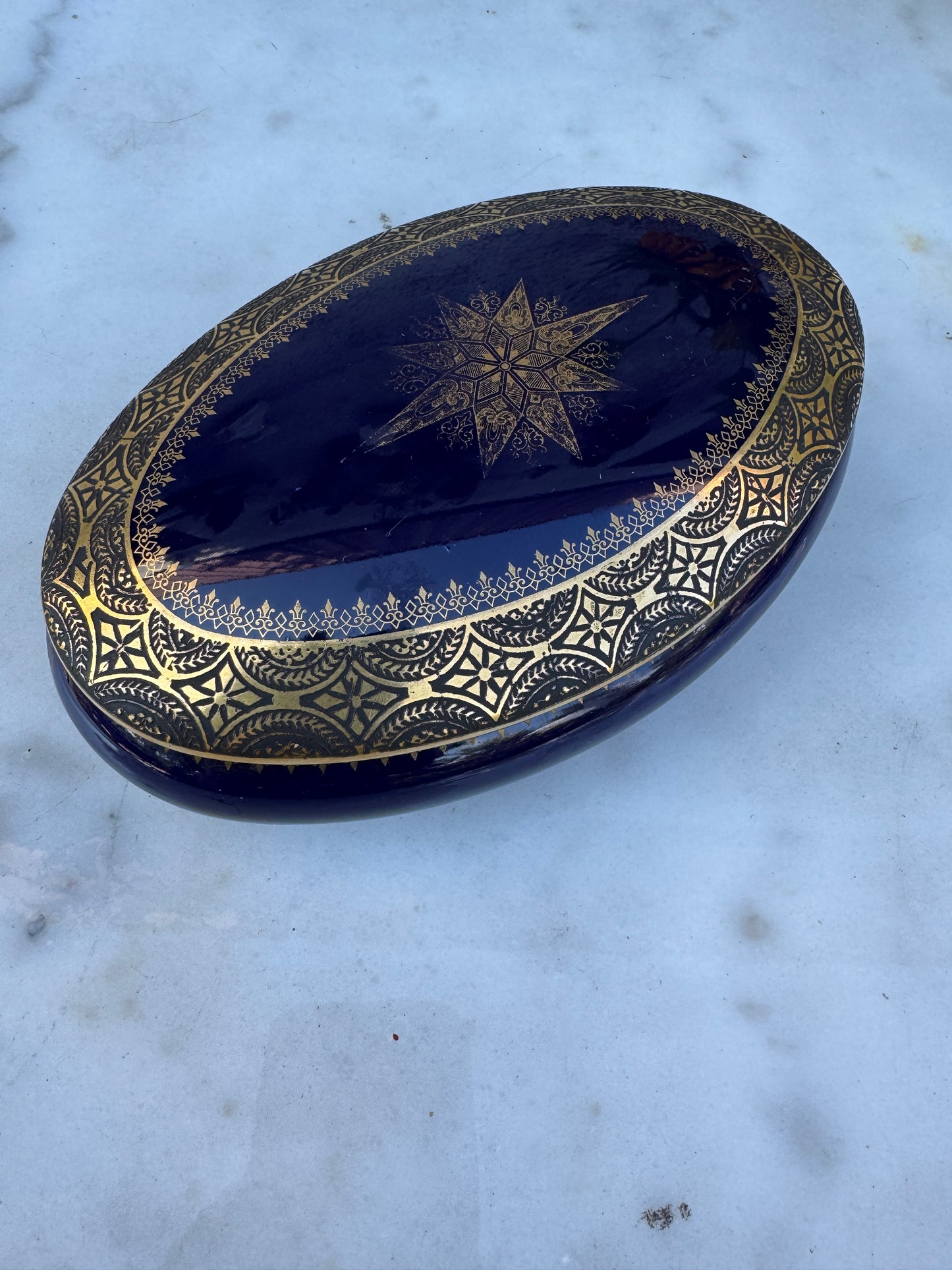 Antique Limoges Porcelain Box – Cobalt Blue & Gold – Oval Lidded Trinket Box – Hand-Gilded – France c. 1900