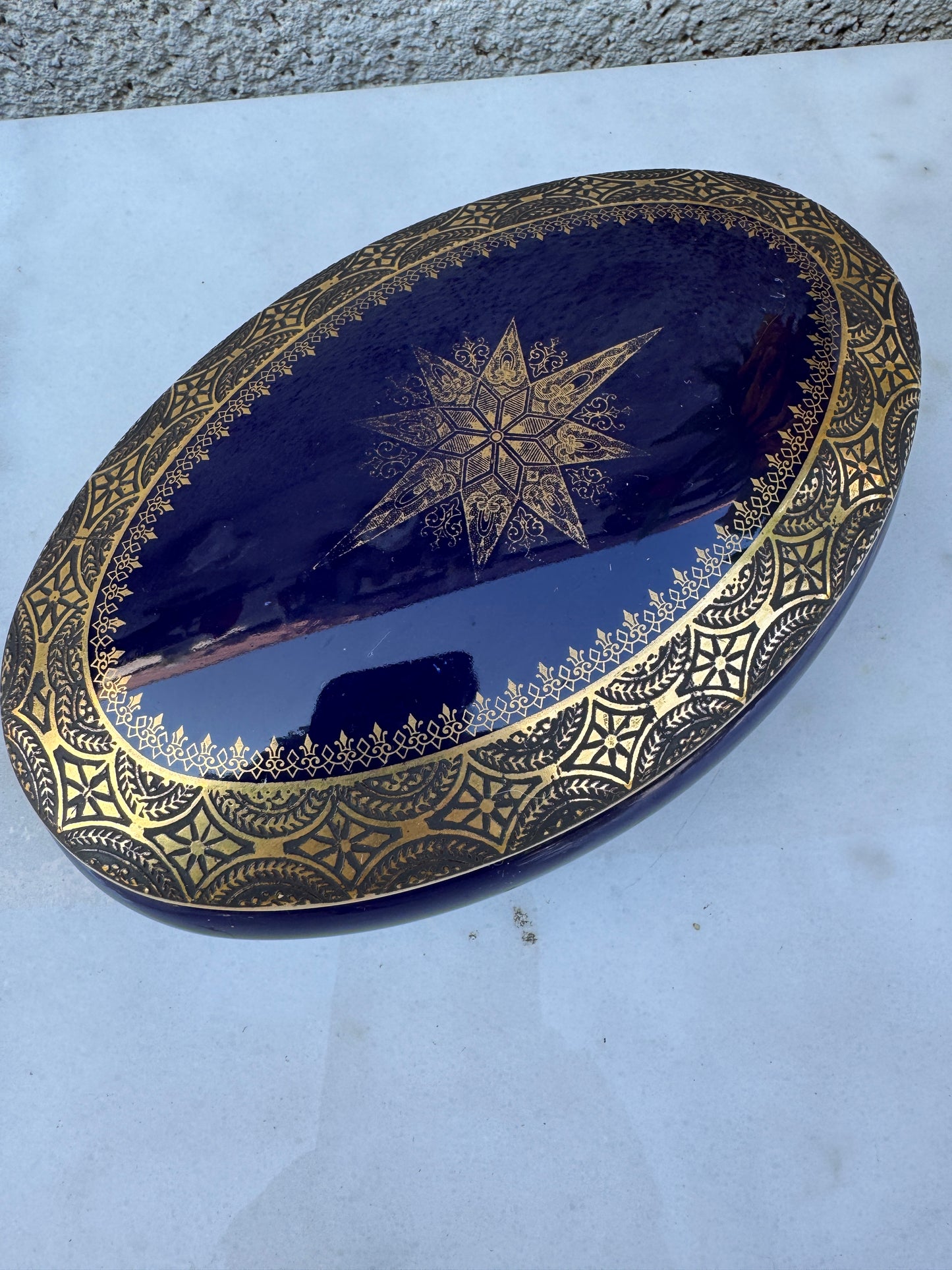 Antique Limoges Porcelain Box – Cobalt Blue & Gold – Oval Lidded Trinket Box – Hand-Gilded – France c. 1900
