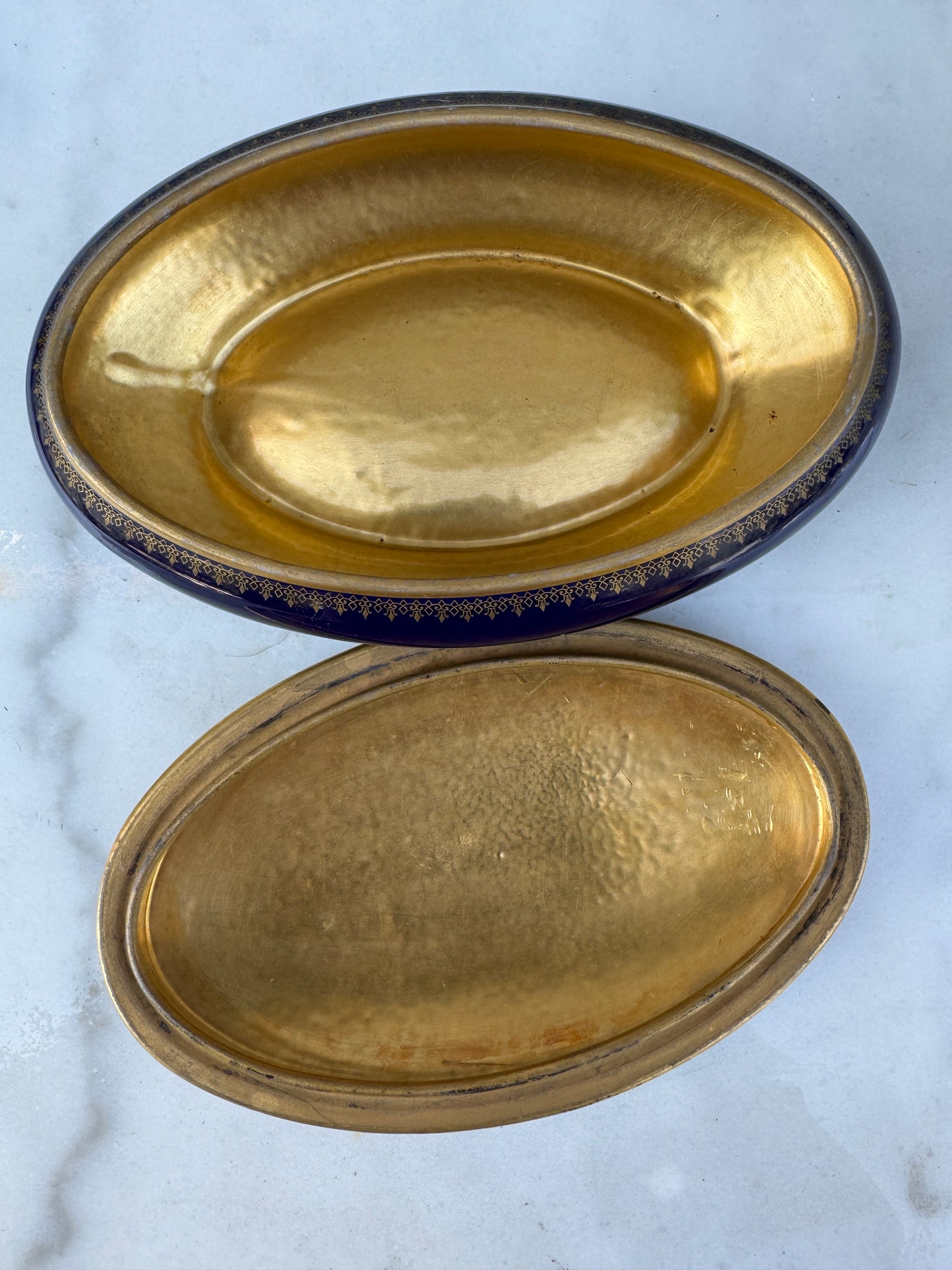 Antique Limoges Porcelain Box – Cobalt Blue & Gold – Oval Lidded Trinket Box – Hand-Gilded – France c. 1900
