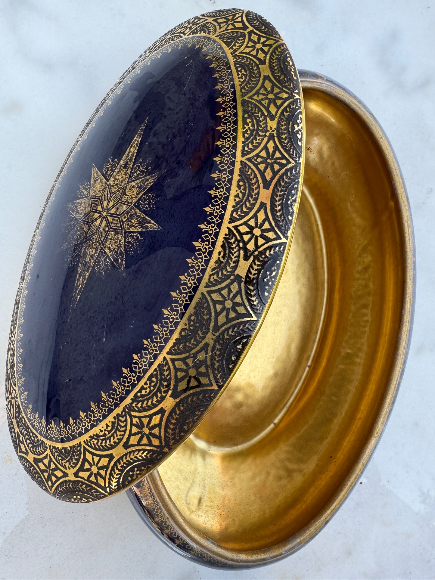 Antique Limoges Porcelain Box – Cobalt Blue & Gold – Oval Lidded Trinket Box – Hand-Gilded – France c. 1900