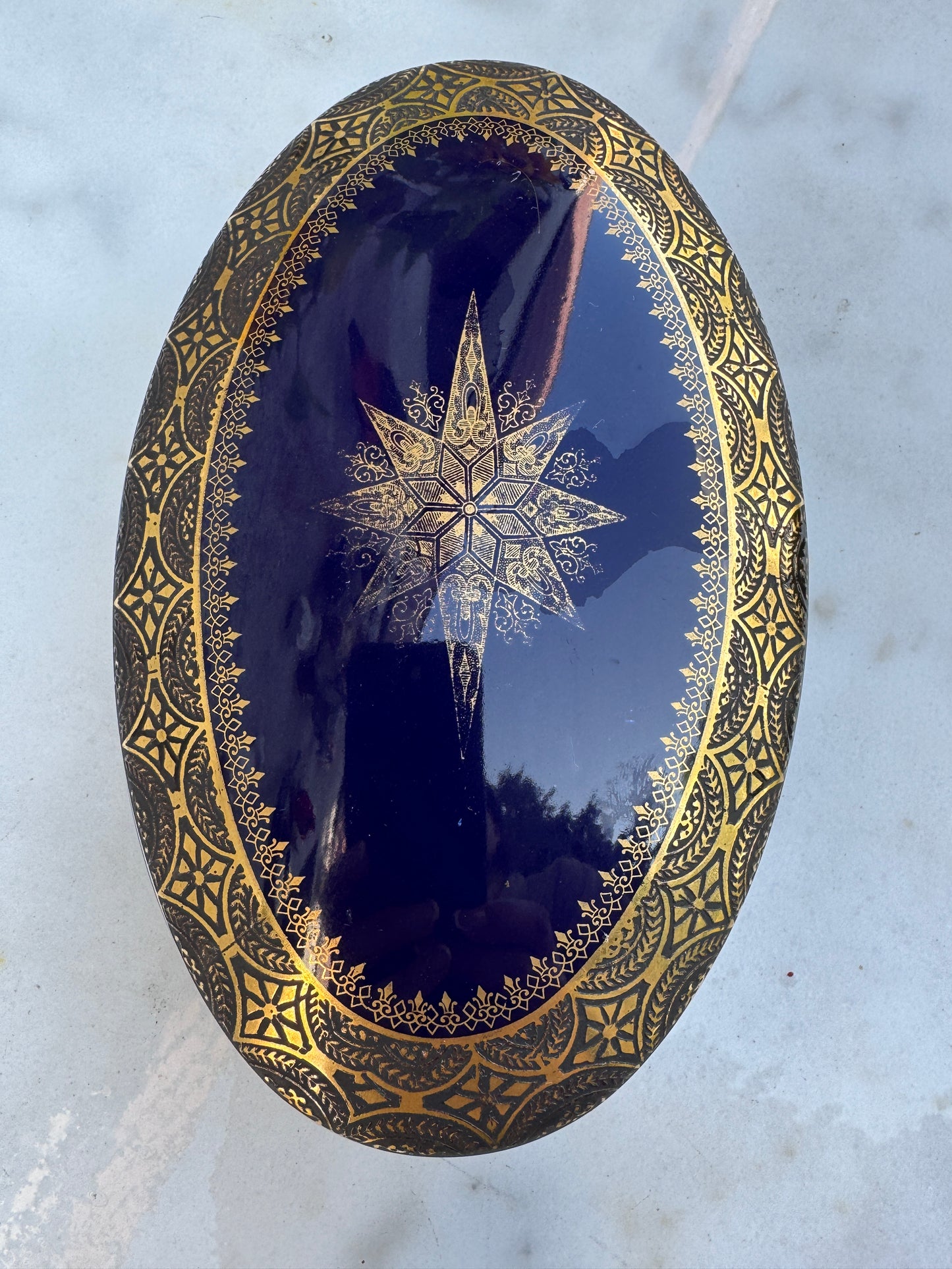 Antique Limoges Porcelain Box – Cobalt Blue & Gold – Oval Lidded Trinket Box – Hand-Gilded – France c. 1900