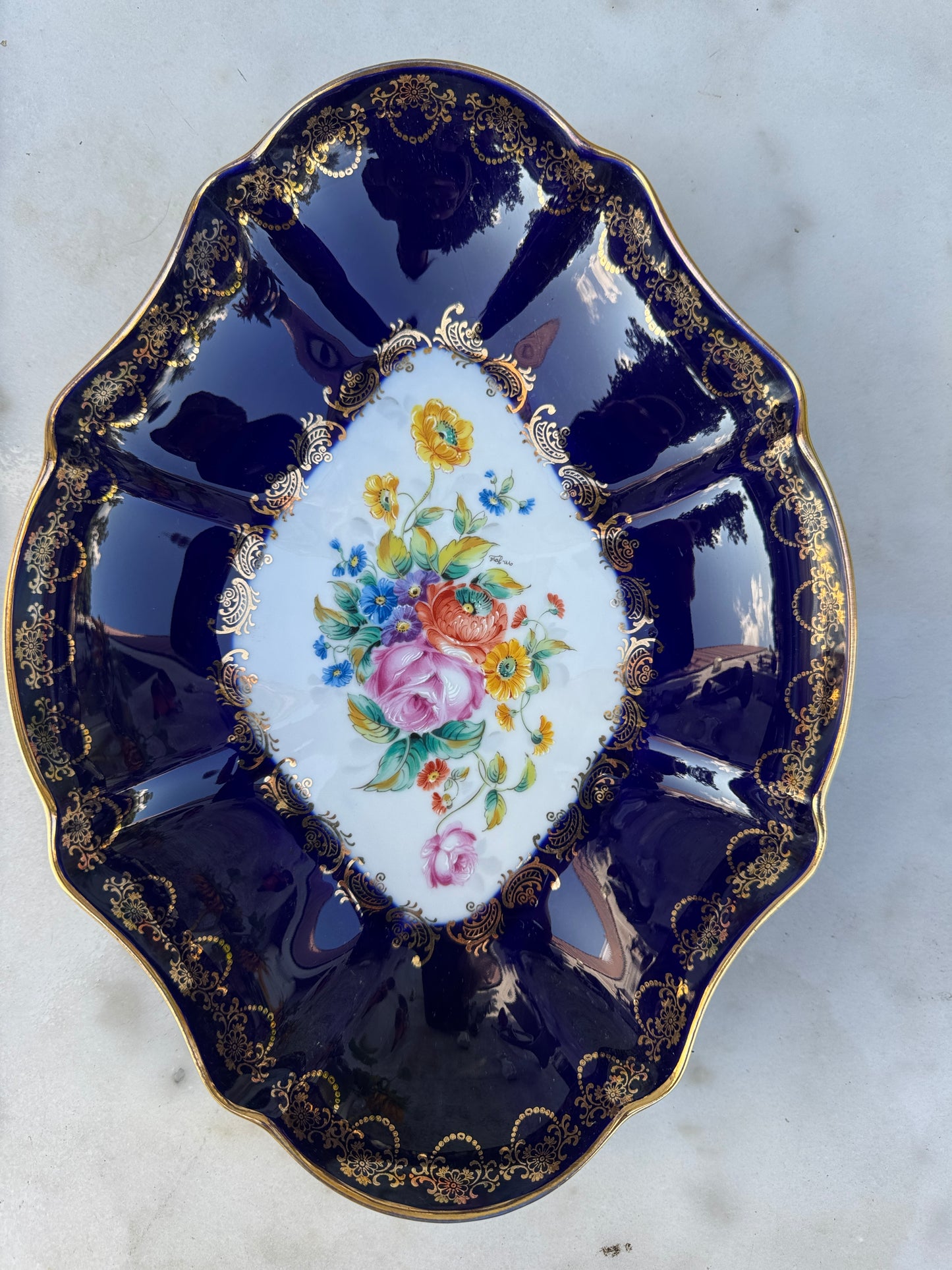 Vintage Rococo Style Cobalt Blue Porcelain Bowl – Hand Painted Floral – Gold Gilded – Limoges Style