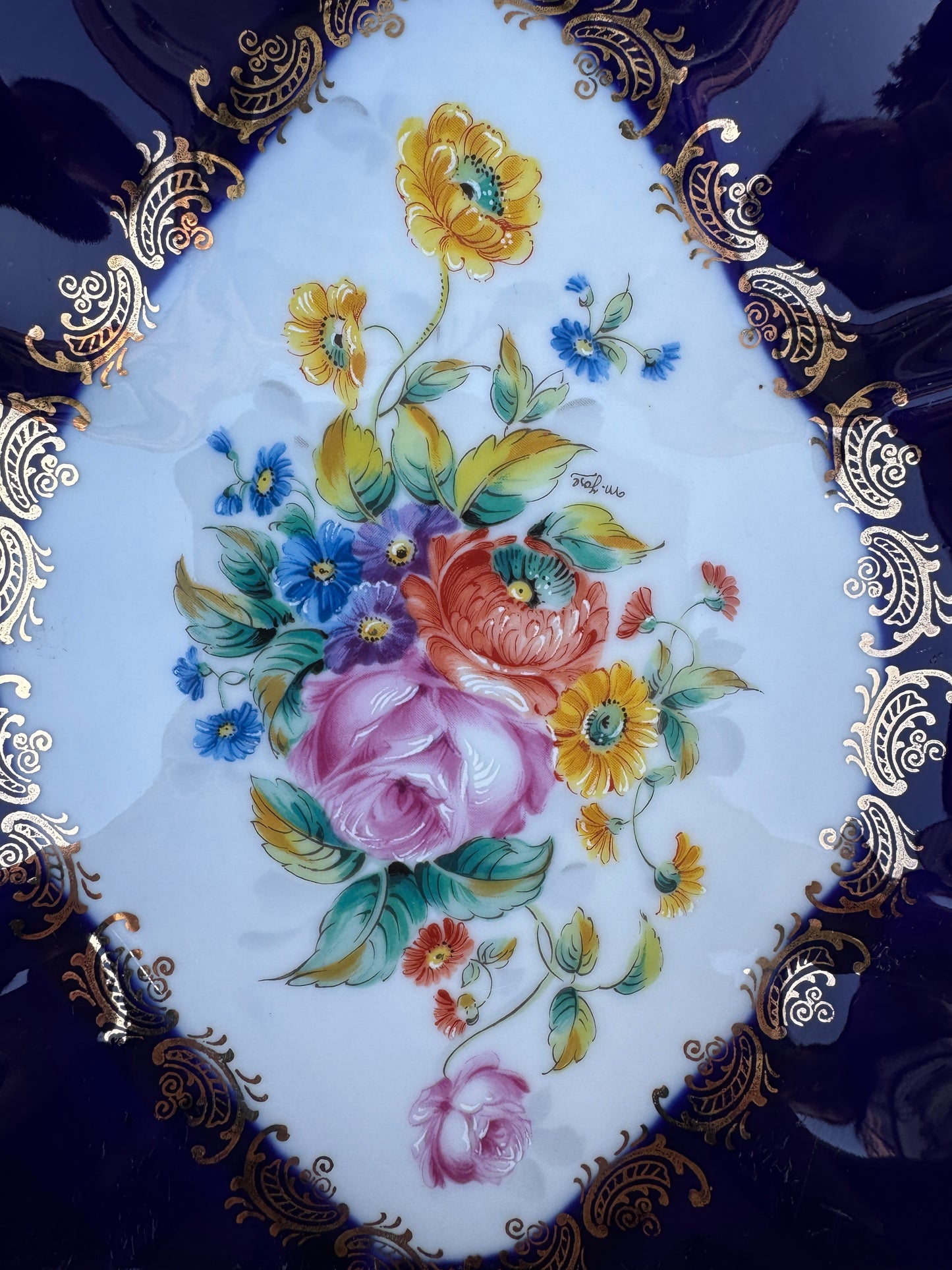 Vintage Rococo Style Cobalt Blue Porcelain Bowl – Hand Painted Floral – Gold Gilded – Limoges Style