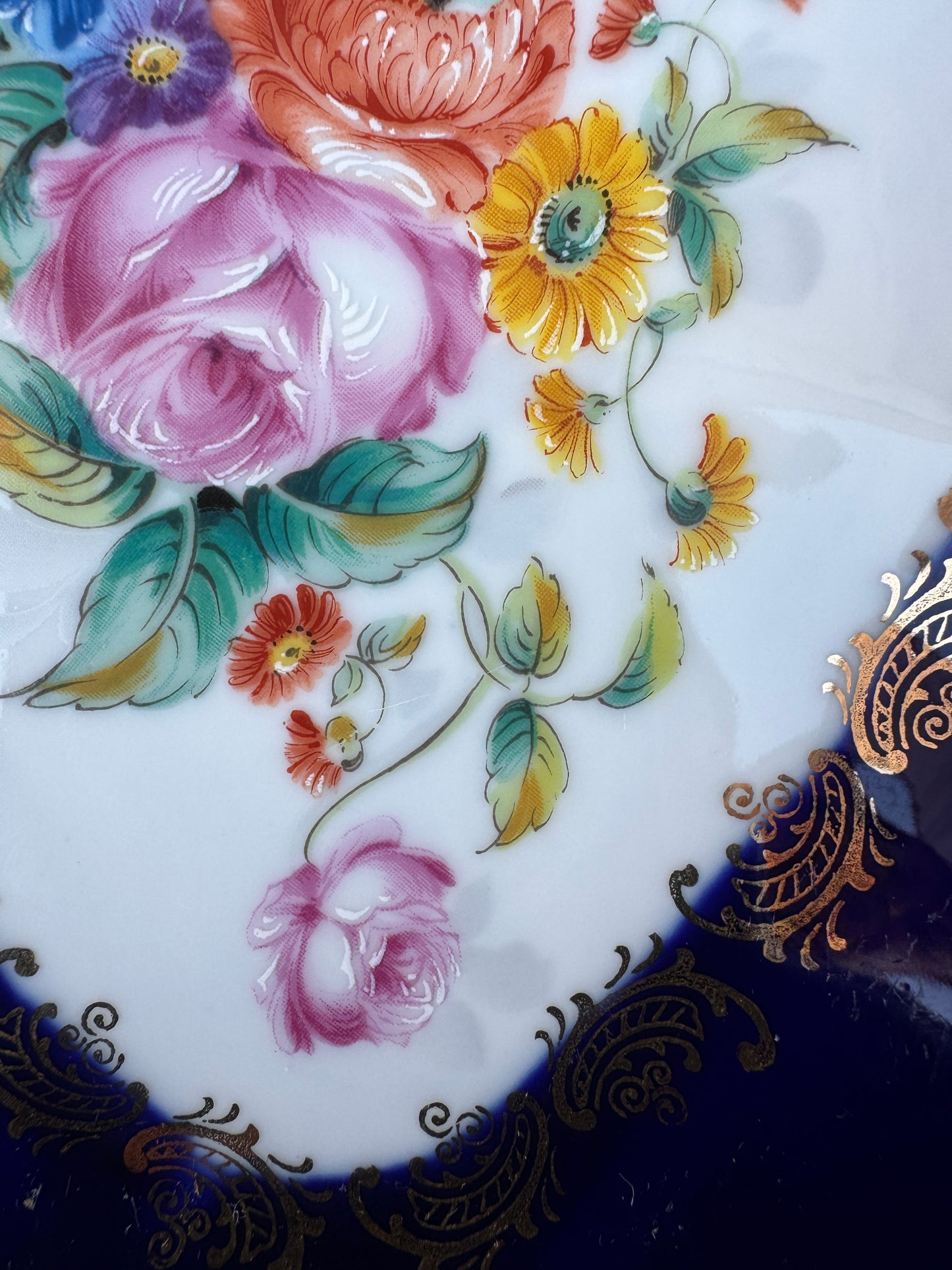 Vintage Rococo Style Cobalt Blue Porcelain Bowl – Hand Painted Floral – Gold Gilded – Limoges Style