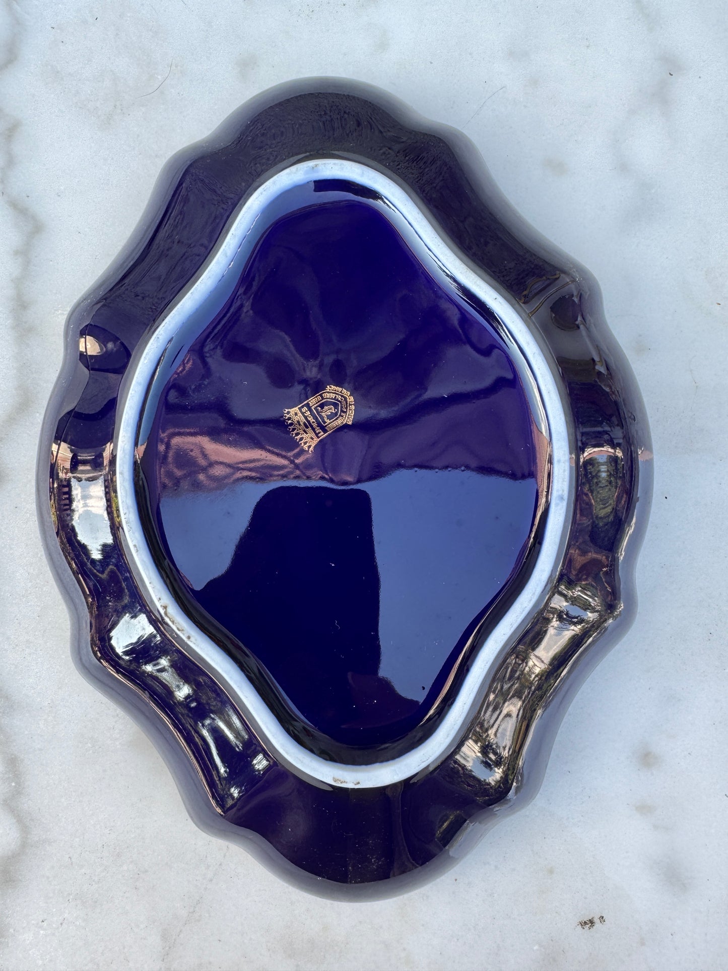 Vintage Rococo Style Cobalt Blue Porcelain Bowl – Hand Painted Floral – Gold Gilded – Limoges Style