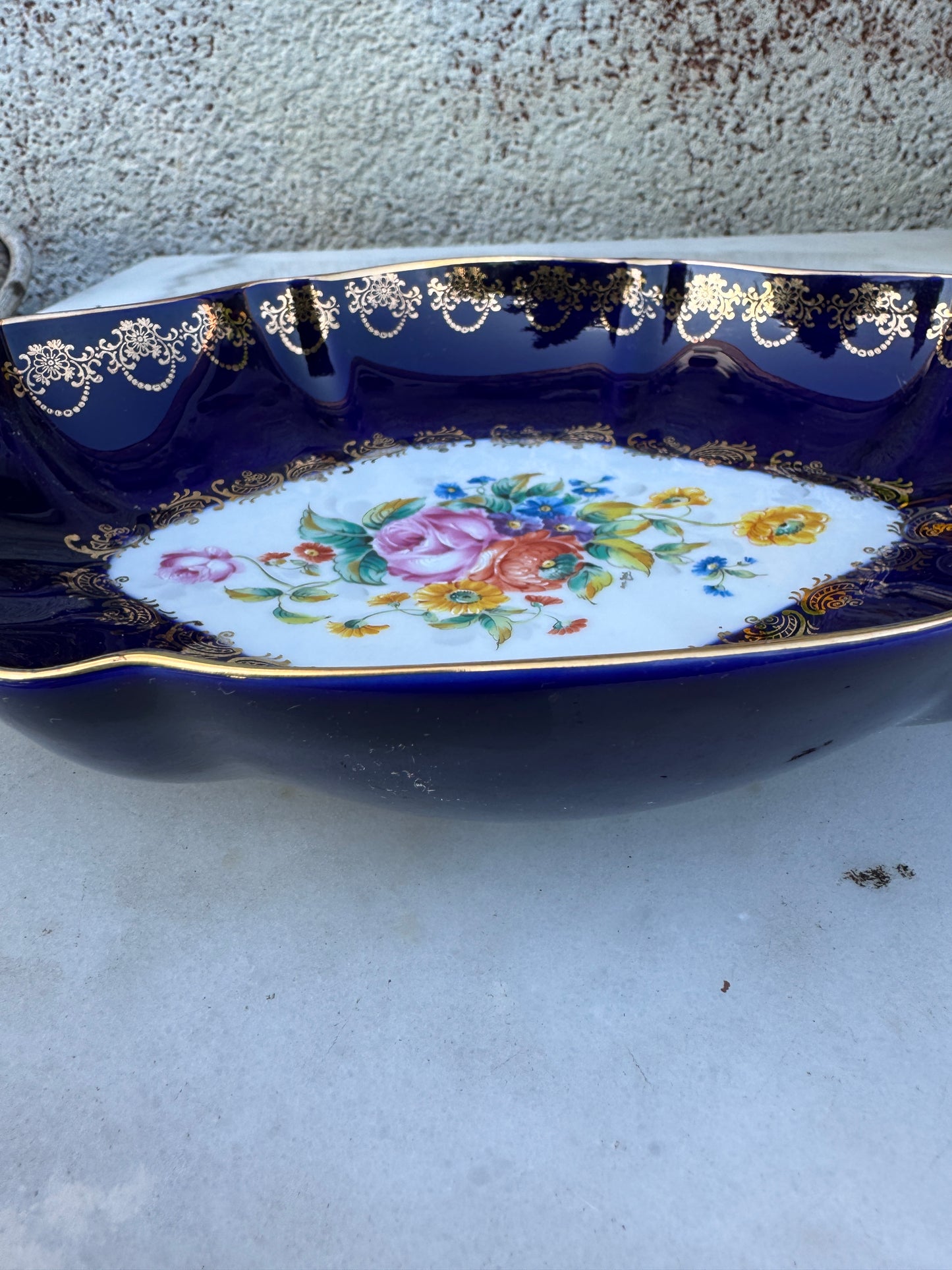 Vintage Rococo Style Cobalt Blue Porcelain Bowl – Hand Painted Floral – Gold Gilded – Limoges Style