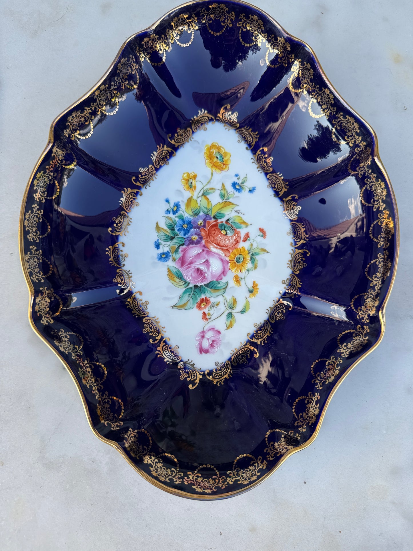 Vintage Rococo Style Cobalt Blue Porcelain Bowl – Hand Painted Floral – Gold Gilded – Limoges Style