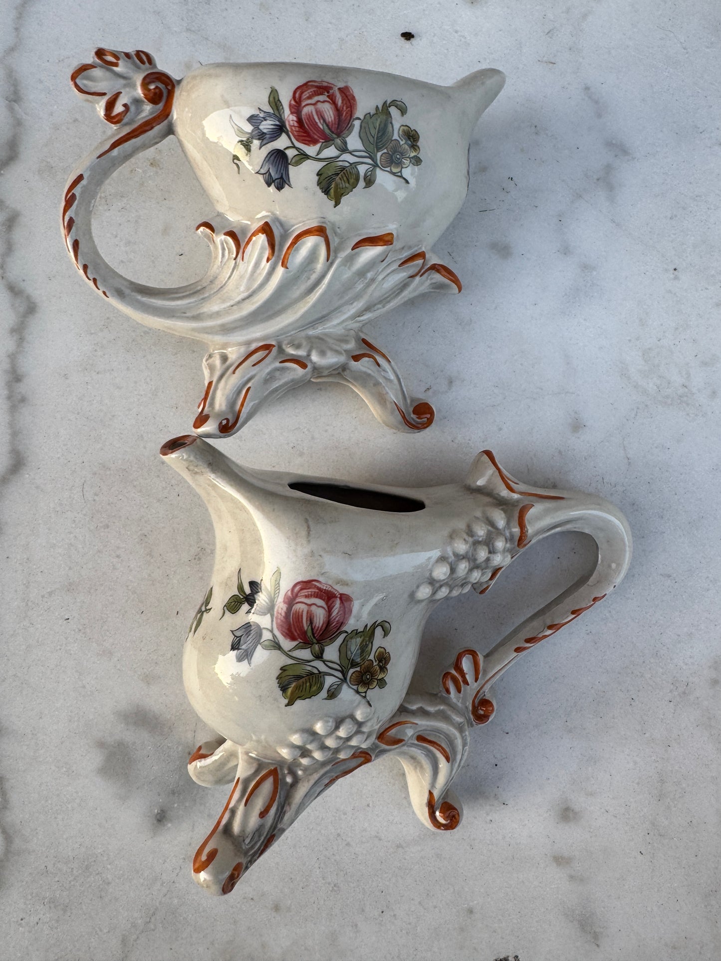 Pair of Vintage Rococo Faience Sauce Boats – Hand-Painted Floral Design – Early 20th Century