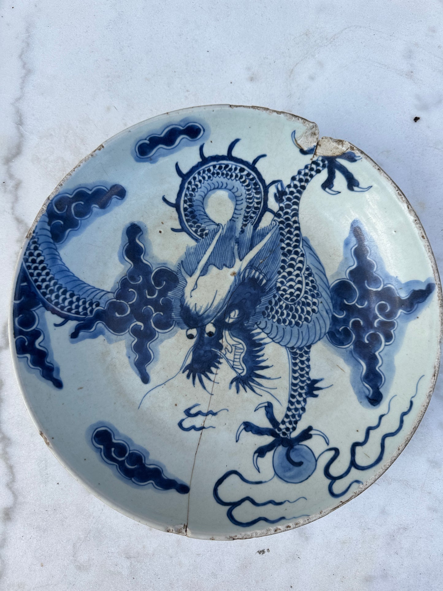 Antique Chinese Porcelain Plate – Imperial Dragon – Late Qing Dynasty – Repaired with Staples – 27.7 cm