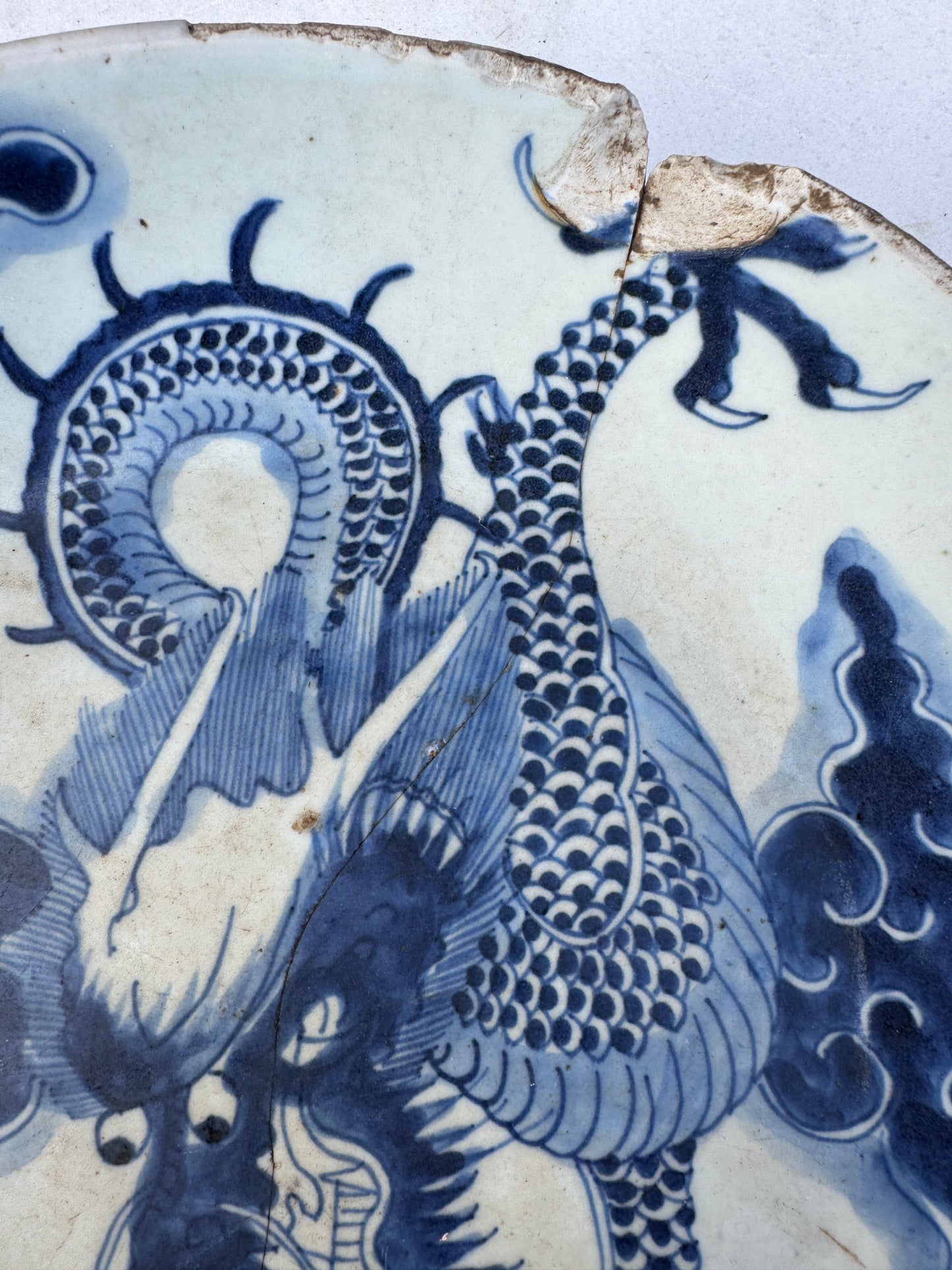 Antique Chinese Porcelain Plate – Imperial Dragon – Late Qing Dynasty – Repaired with Staples – 27.7 cm