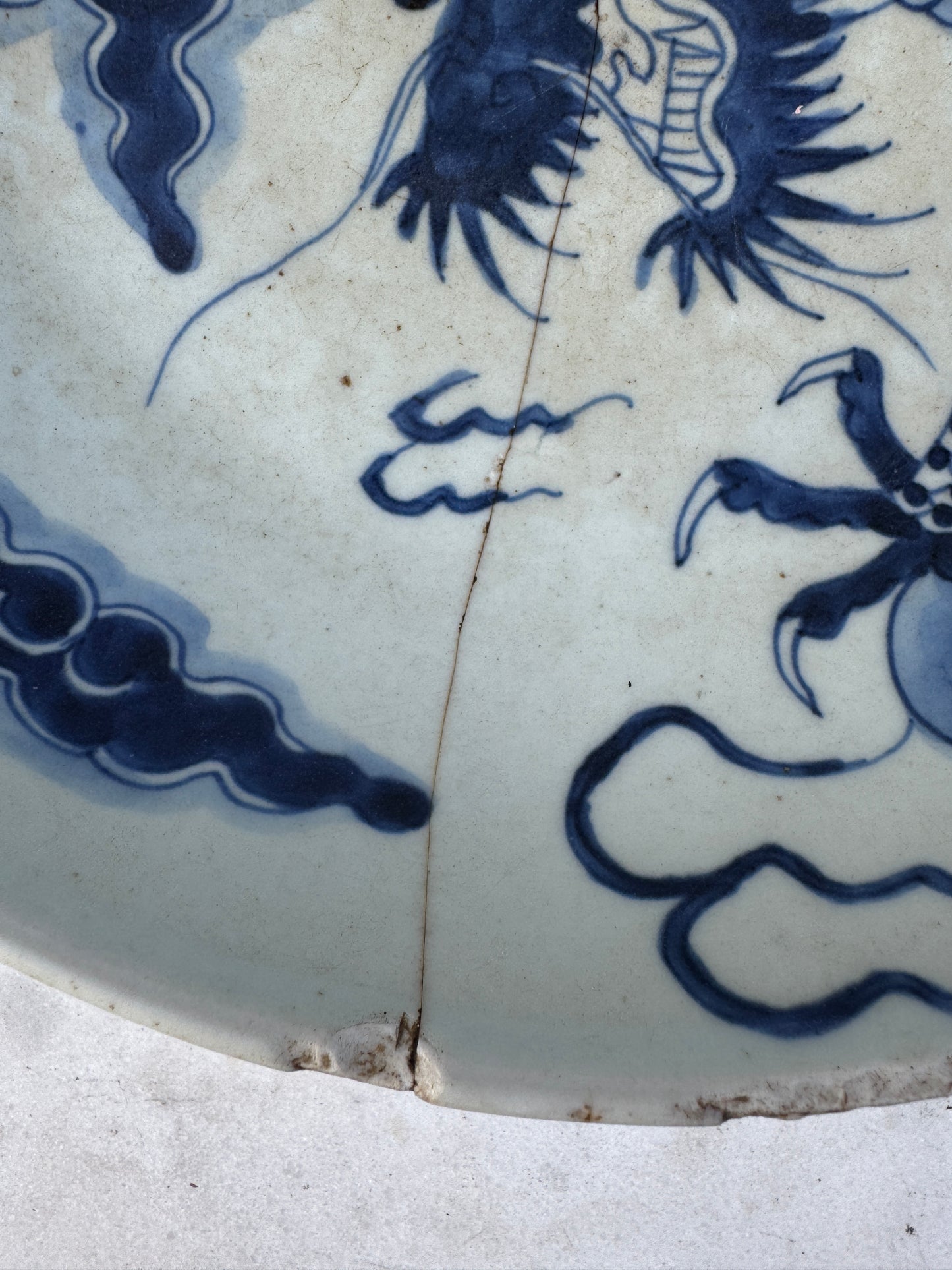 Antique Chinese Porcelain Plate – Imperial Dragon – Late Qing Dynasty – Repaired with Staples – 27.7 cm