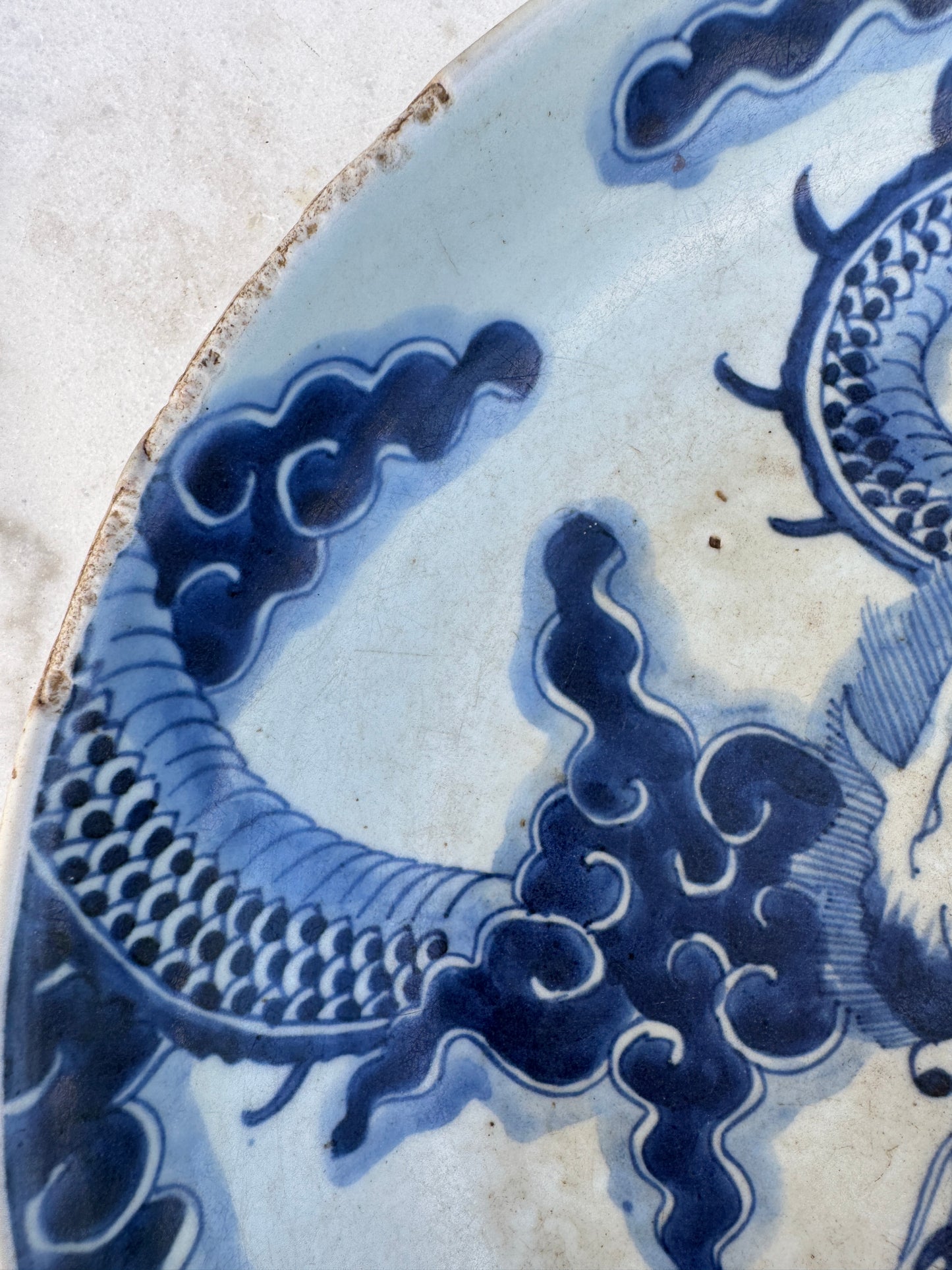 Antique Chinese Porcelain Plate – Imperial Dragon – Late Qing Dynasty – Repaired with Staples – 27.7 cm