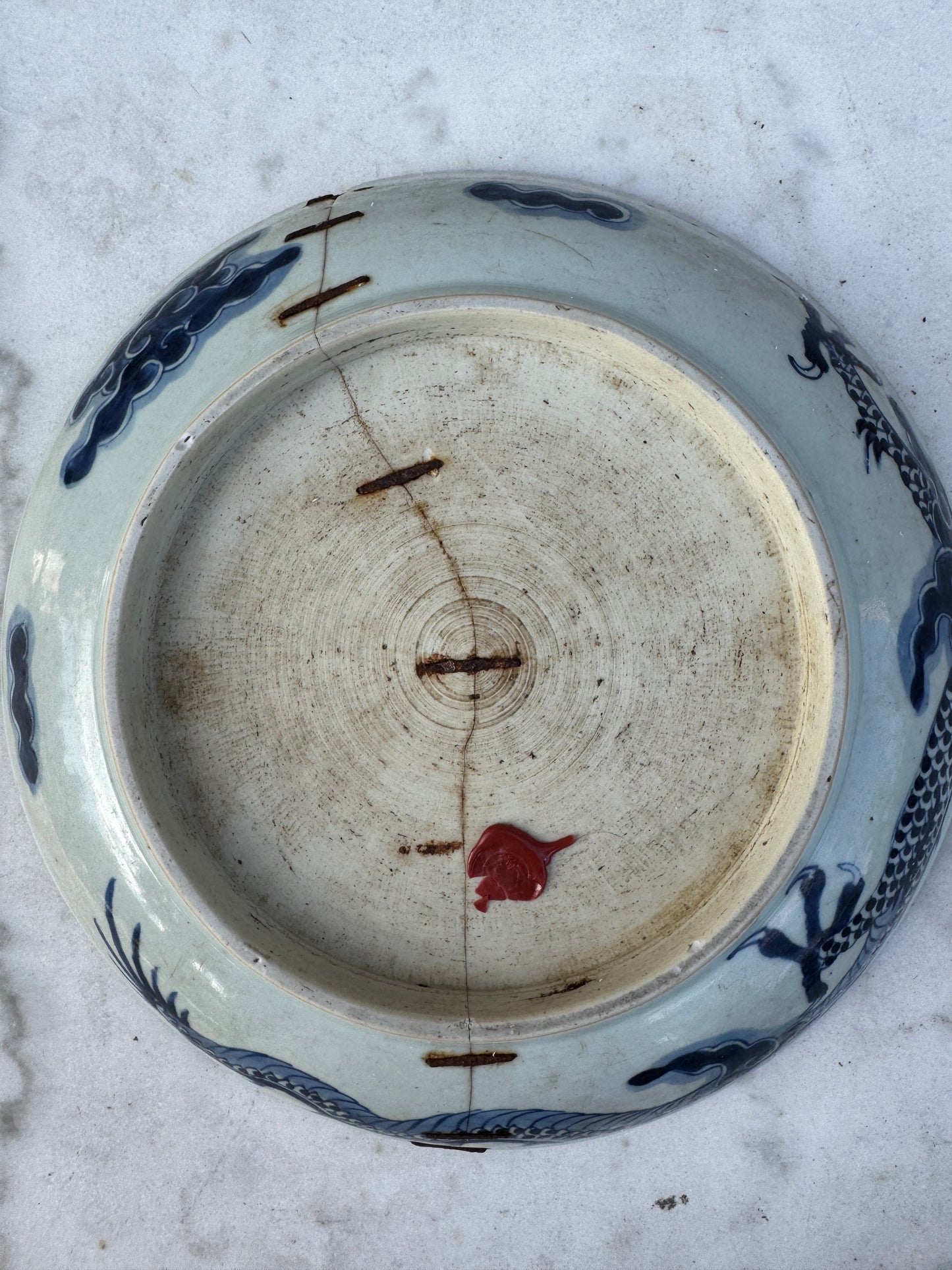 Antique Chinese Porcelain Plate – Imperial Dragon – Late Qing Dynasty – Repaired with Staples – 27.7 cm