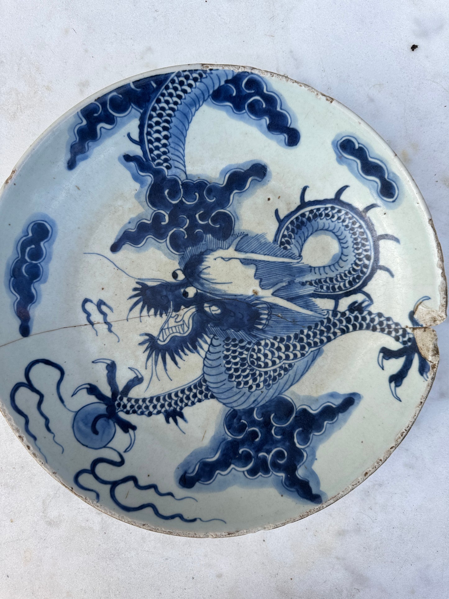 Antique Chinese Porcelain Plate – Imperial Dragon – Late Qing Dynasty – Repaired with Staples – 27.7 cm