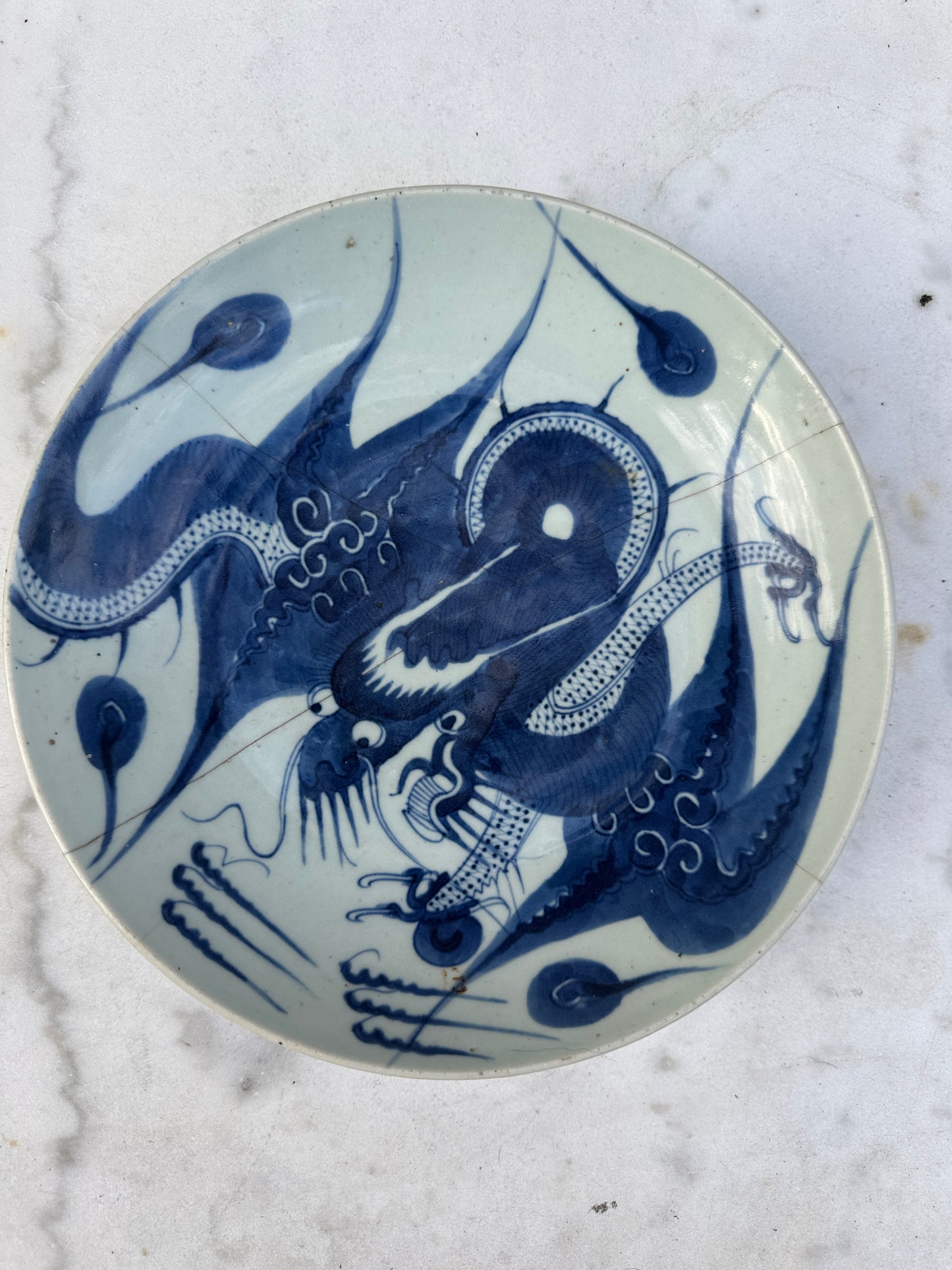 Antique Chinese Dragon Plate – Gallery Restored with Bronze Staples – Qing Dynasty Style – 27.7 cm