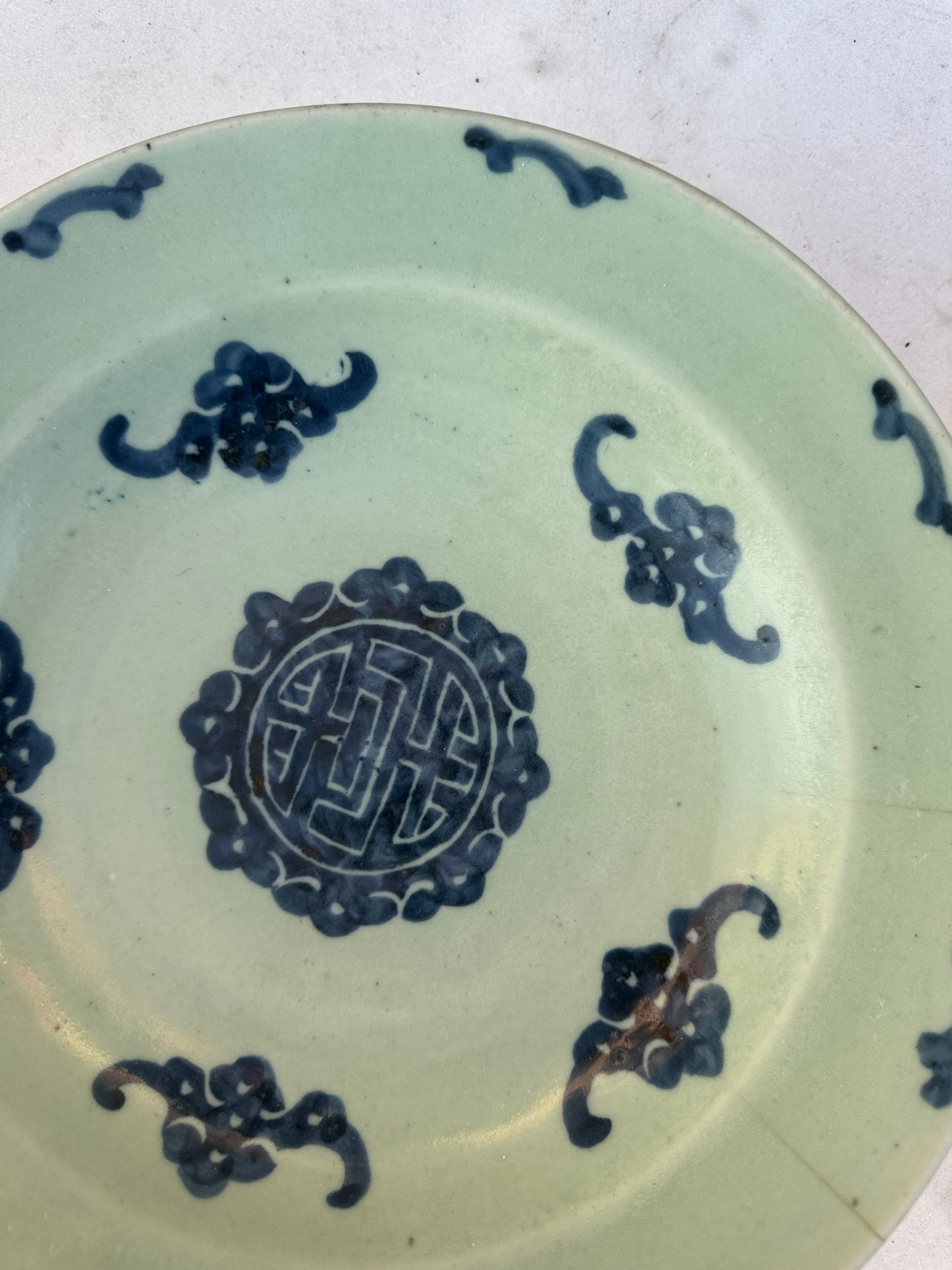 Antique Chinese Celadon Plate with Longevity Symbol – Blue Underglaze – 27 cm – Gallery Collection