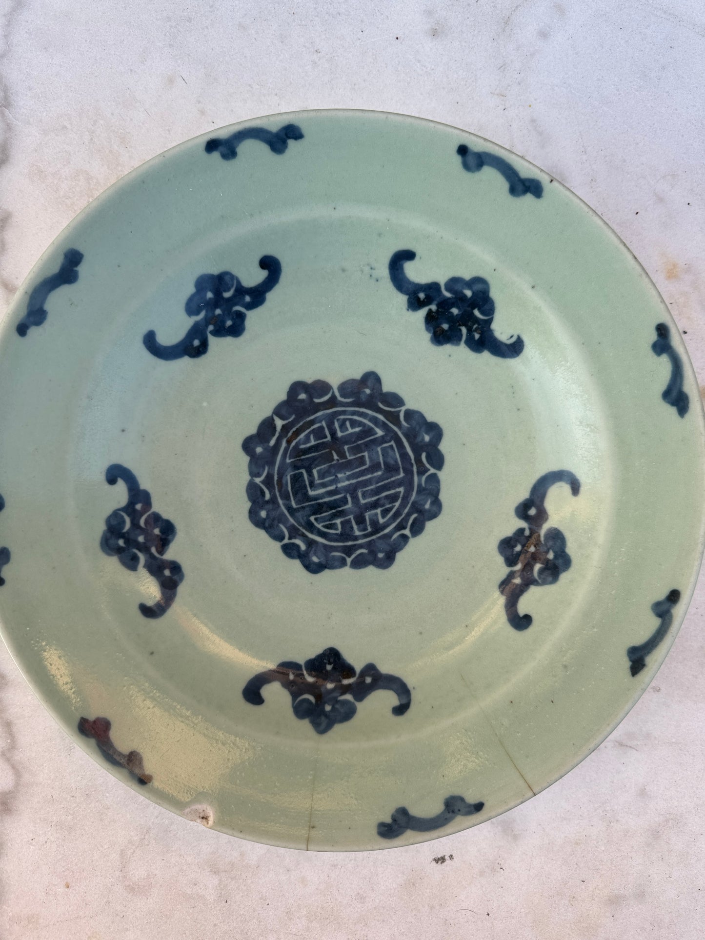 Antique Chinese Celadon Plate with Longevity Symbol – Blue Underglaze – 27 cm – Gallery Collection