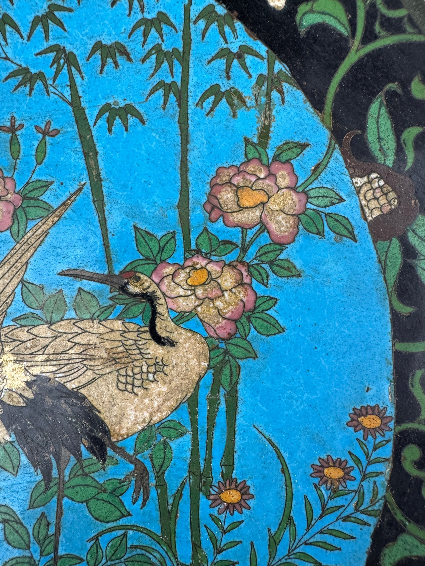 Rare Antique Chinese Cloisonné Plate – Cranes & Peonies – 1800s – Qing Dynasty