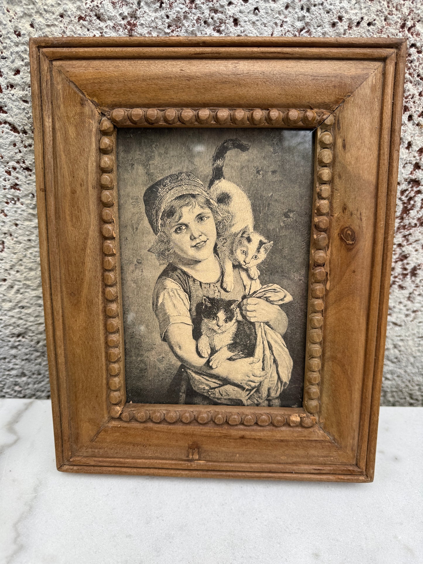 Vintage Cat Print – Girl with Kittens – Rustic Wood Frame – Antique Book Illustration – 19th Century Animal Art