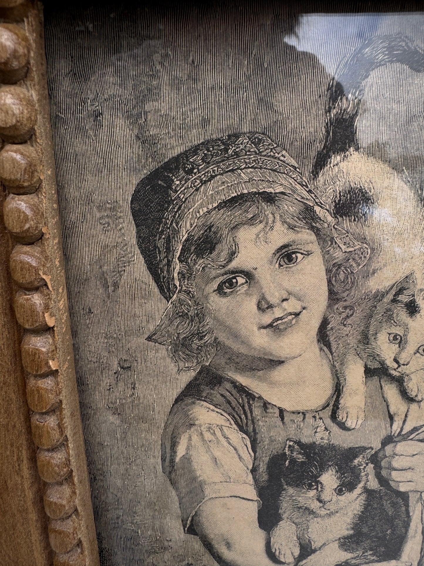 Vintage Cat Print – Girl with Kittens – Rustic Wood Frame – Antique Book Illustration – 19th Century Animal Art