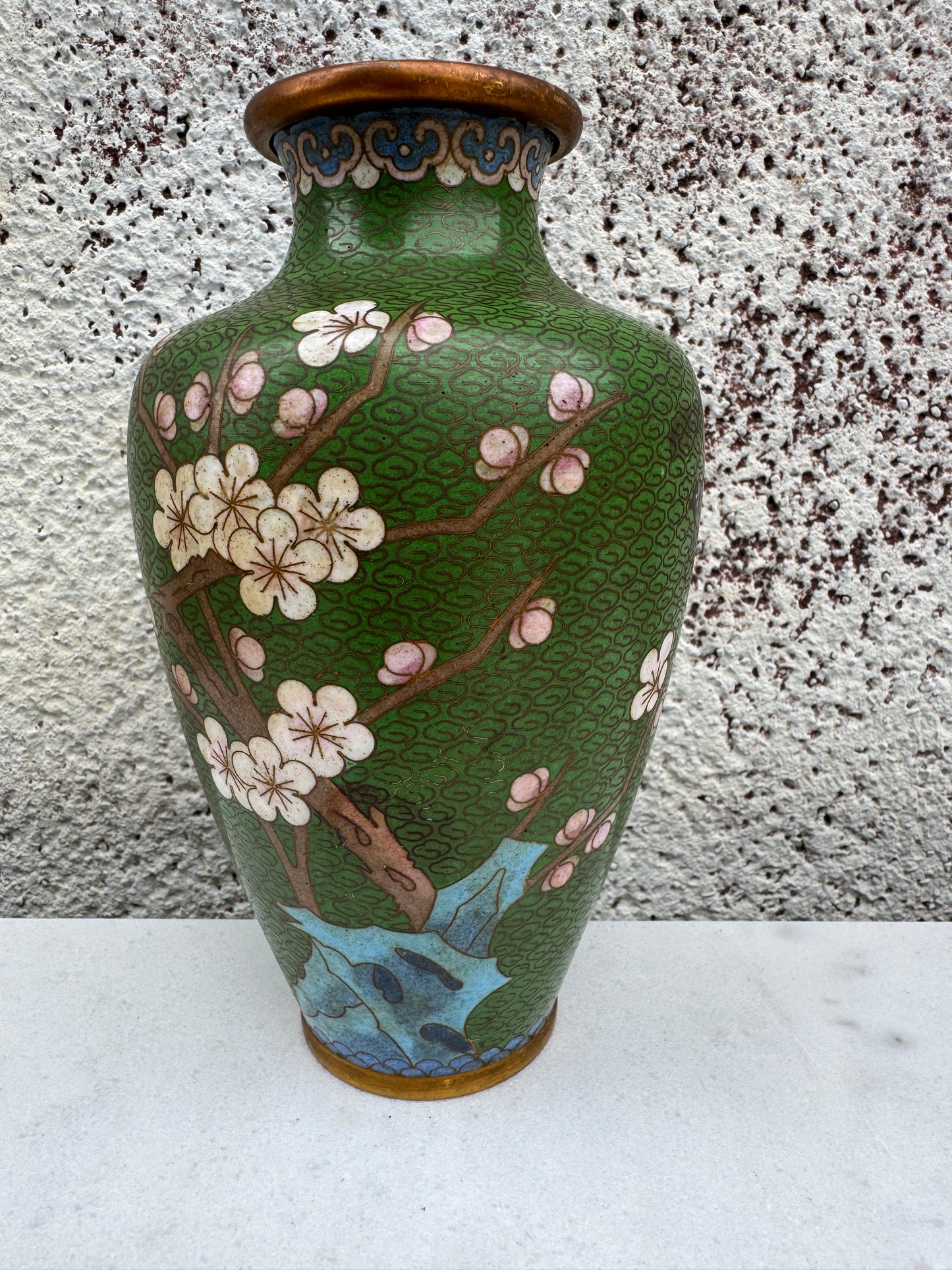 Antique Chinese Cloisonné Vase – Early 20th Century – Green Enamel with Blossoms & Birds – 20 cm