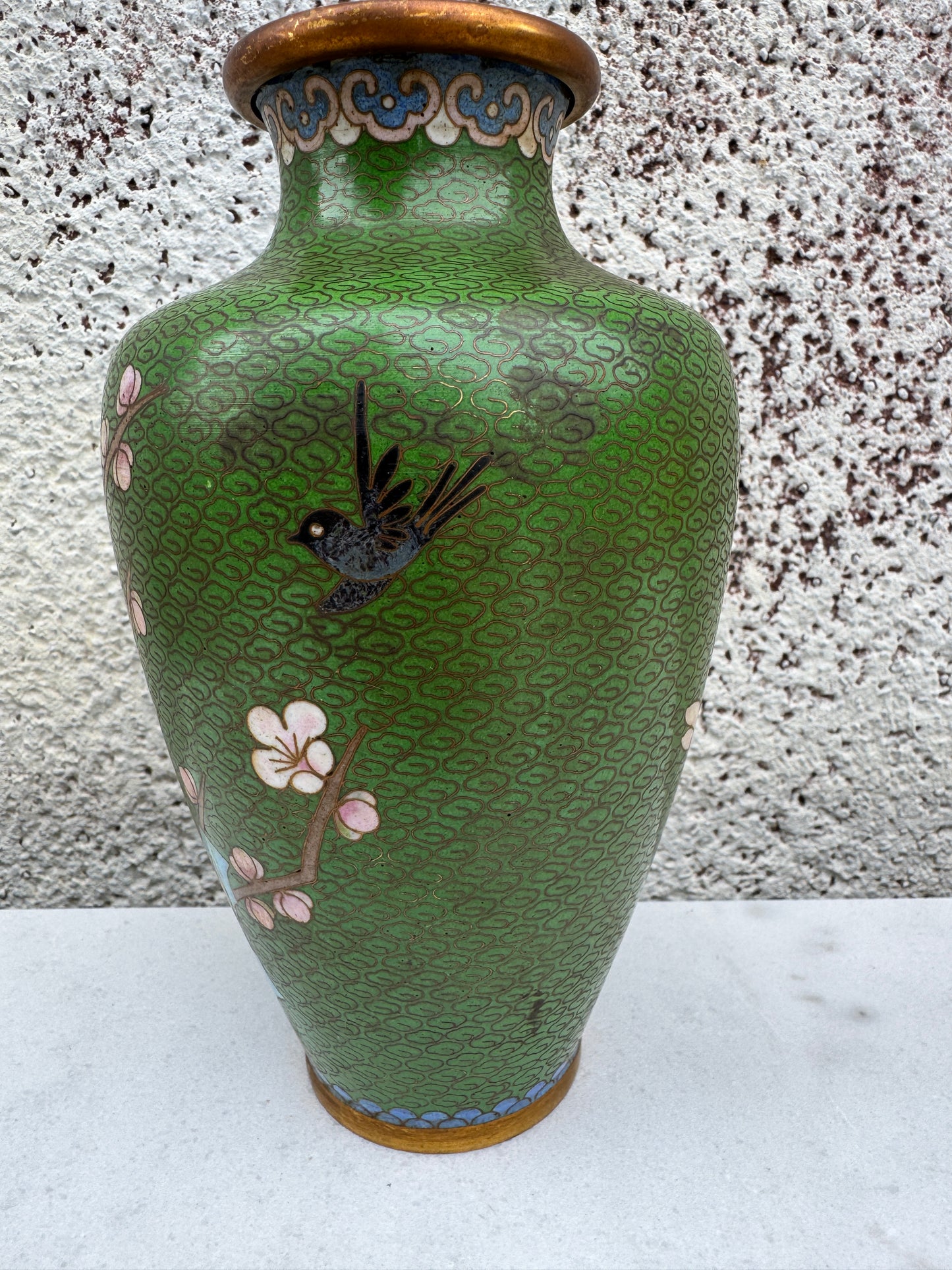Antique Chinese Cloisonné Vase – Early 20th Century – Green Enamel with Blossoms & Birds – 20 cm