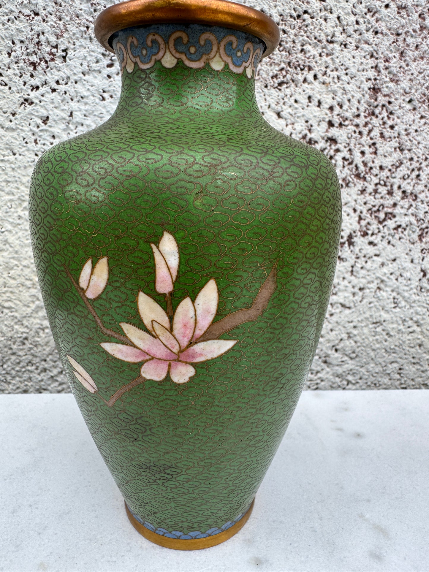 Antique Chinese Cloisonné Vase – Early 20th Century – Green Enamel with Blossoms & Birds – 20 cm