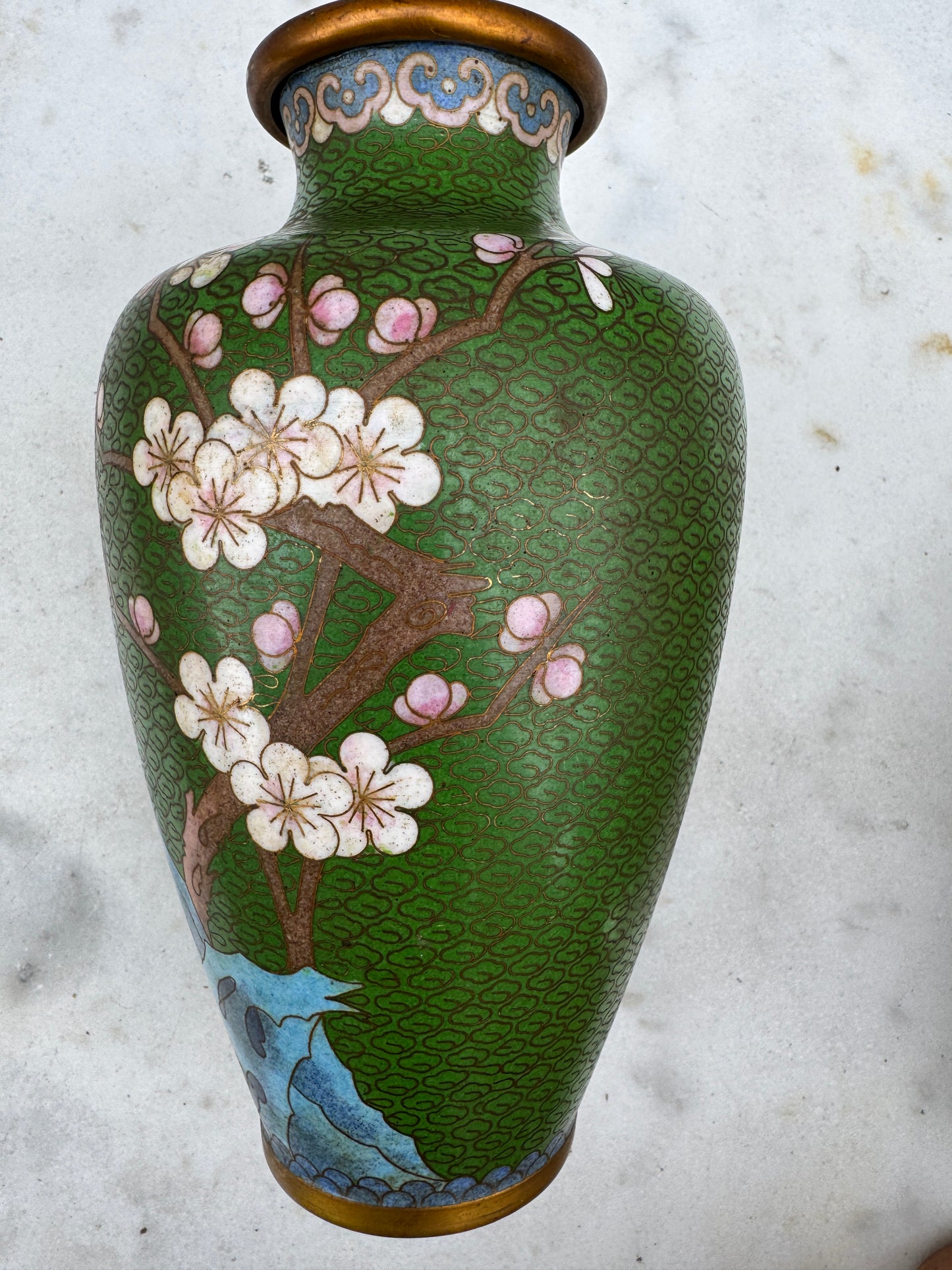 Antique Chinese Cloisonné Vase – Early 20th Century – Green Enamel with Blossoms & Birds – 20 cm