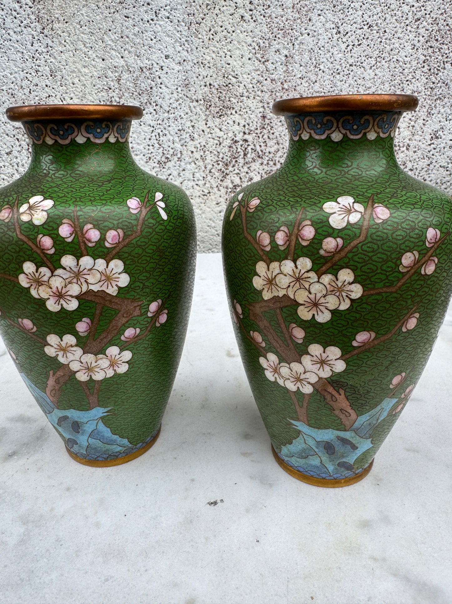 Antique Chinese Cloisonné Vase – Early 20th Century – Green Enamel with Blossoms & Birds – 20 cm