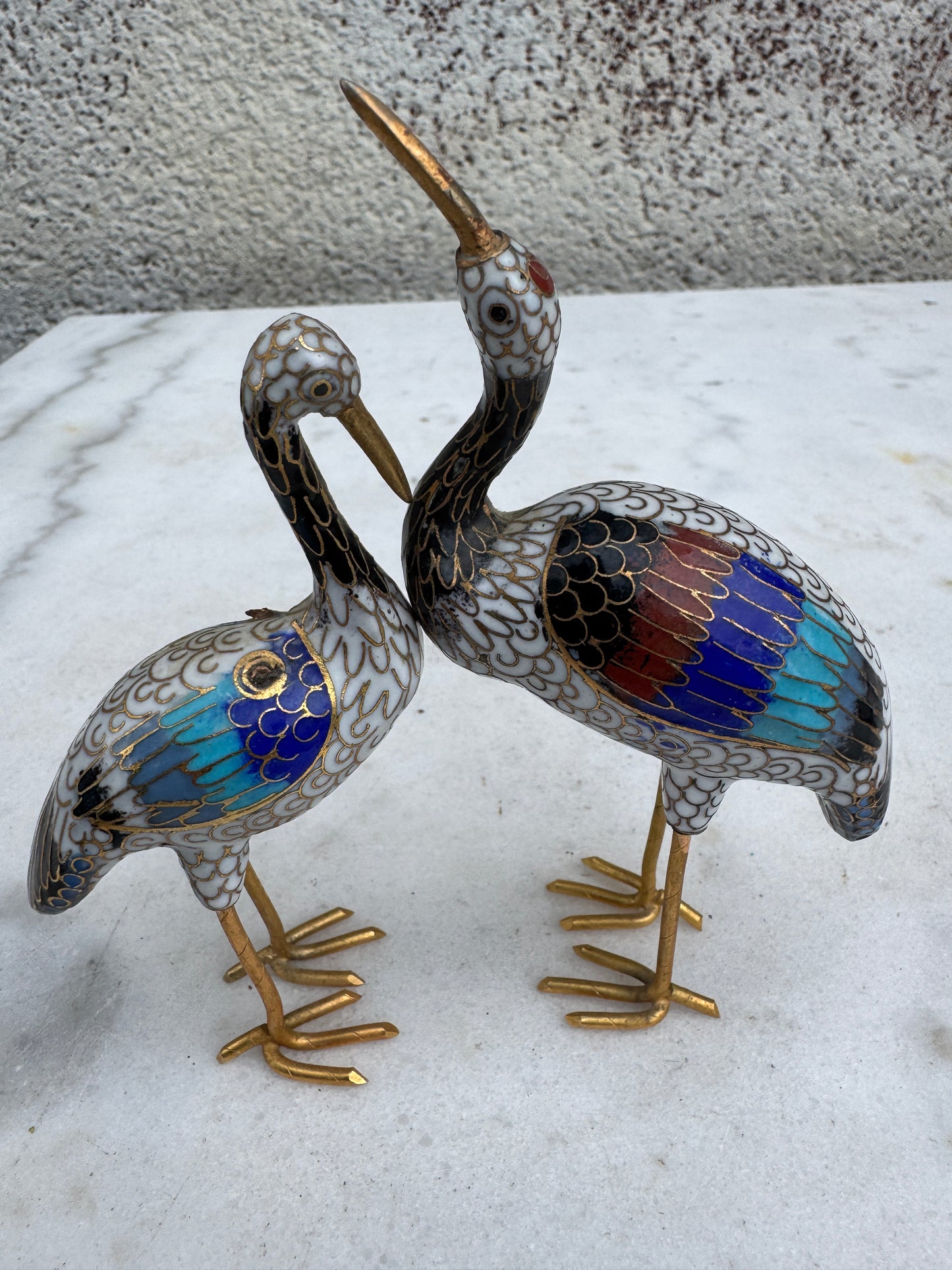 Vintage Chinese Cloisonné Cranes – Enamel Figurine Pair – 1950s–70s