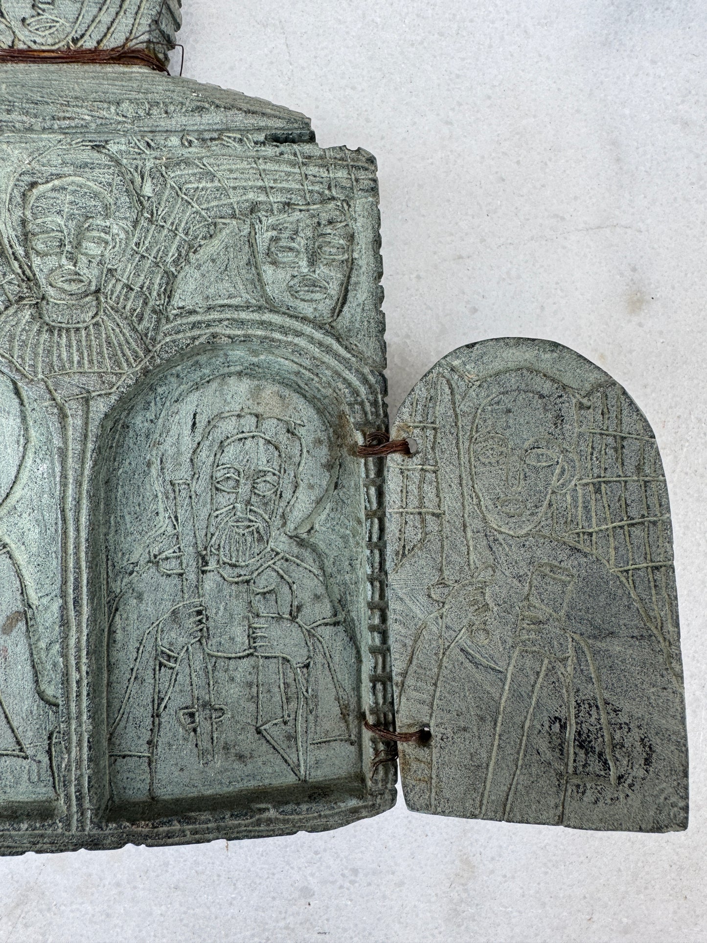Antique Ethiopian Carved Stone Icon – 5-Panel Orthodox Travelling Relic
