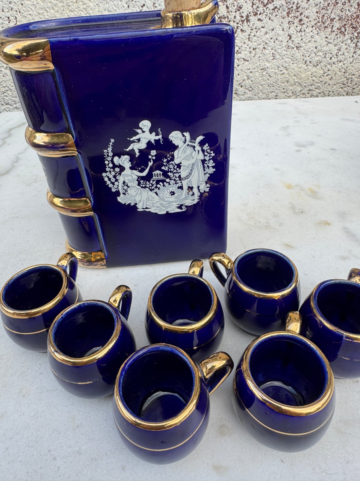 Vintage French Cobalt Blue Book-Shaped Liqueur Set – 7 Gilded Cups & Porcelain Bottle