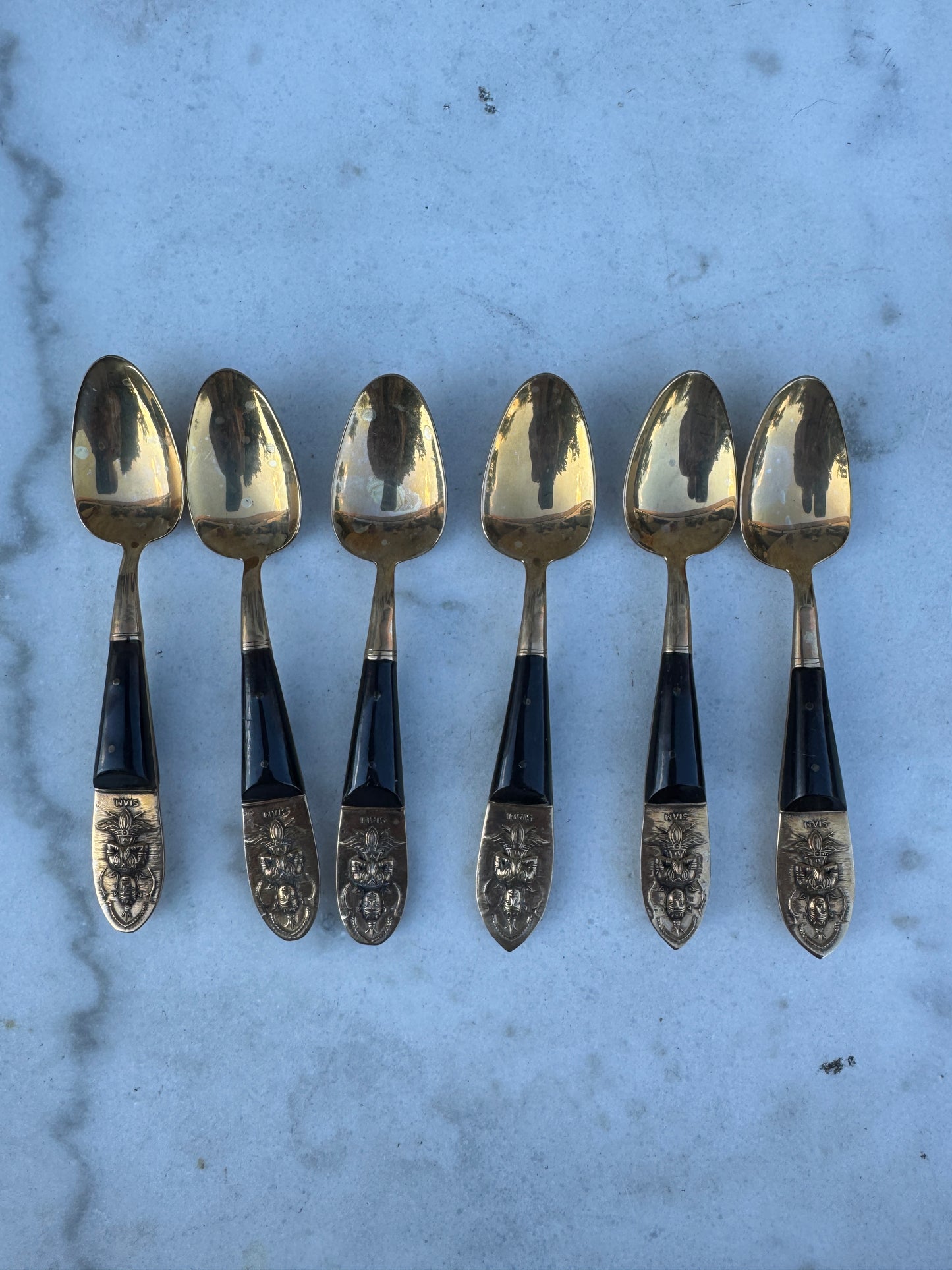 Vintage Set of 6 Siam Spoons – Brass & Black Resin – Handcrafted Thailand 1950s