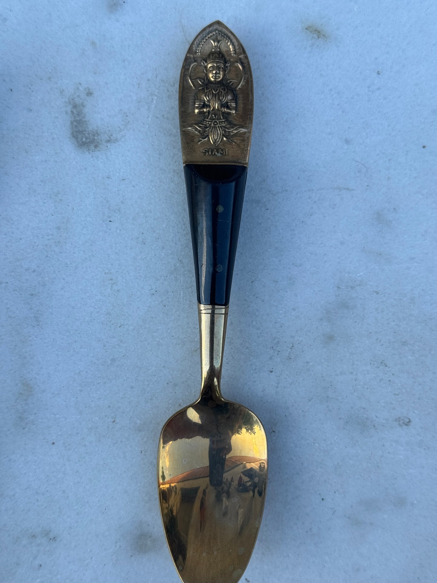 Vintage Set of 6 Siam Spoons – Brass & Black Resin – Handcrafted Thailand 1950s