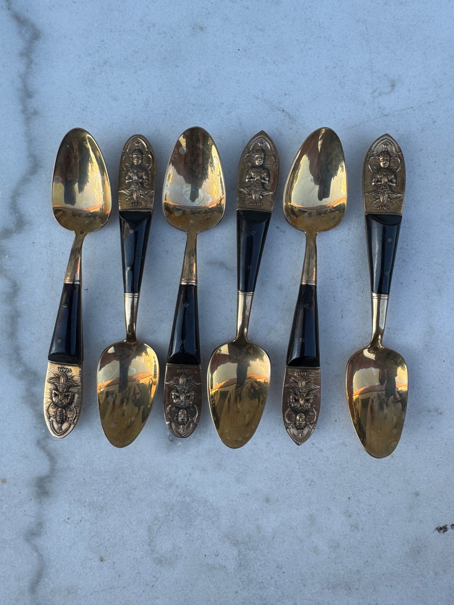 Vintage Set of 6 Siam Spoons – Brass & Black Resin – Handcrafted Thailand 1950s
